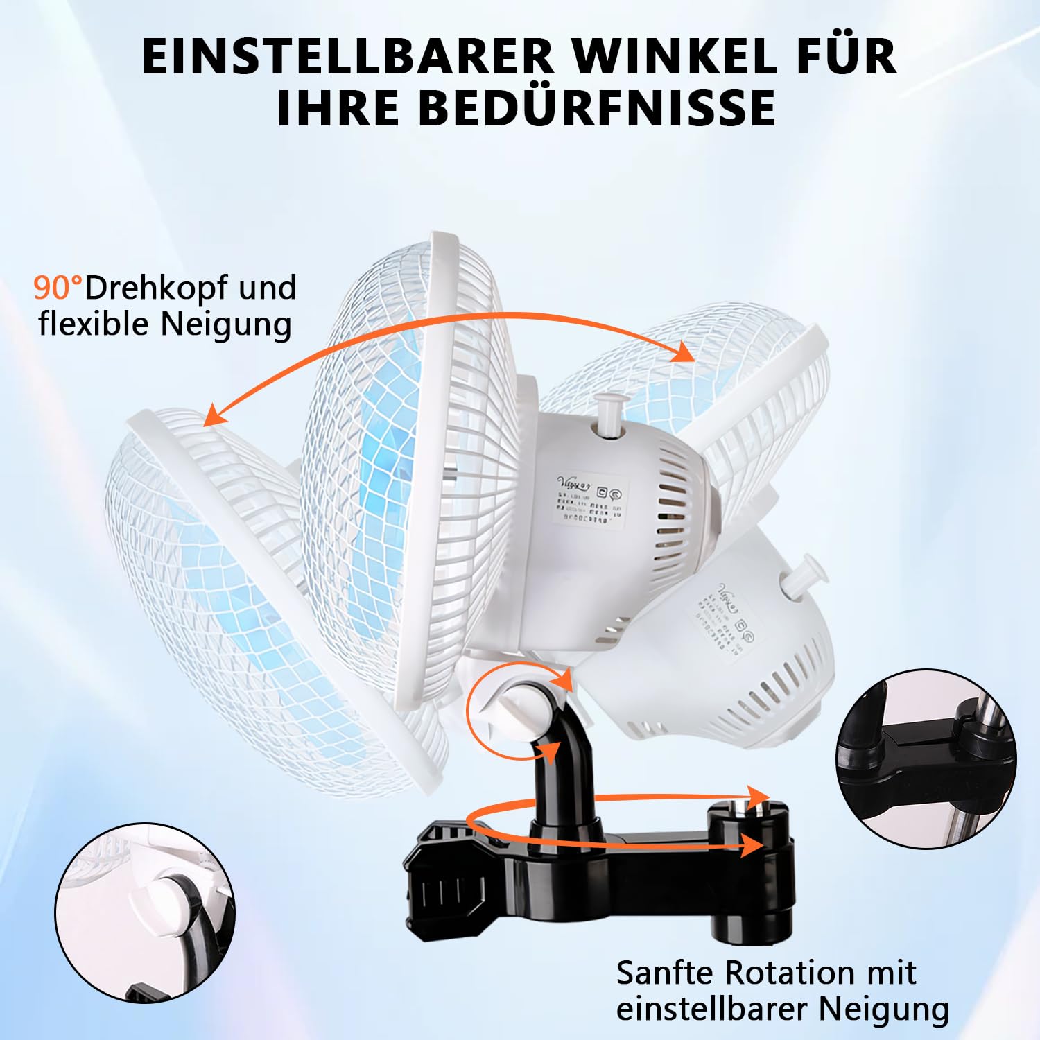 Ventilador con clip de 150 cm para montaje en poste de 1,6 a 2,7 cm, ventiladores de crecimiento oscilantes con cable de 3 m, 39 dB silencioso