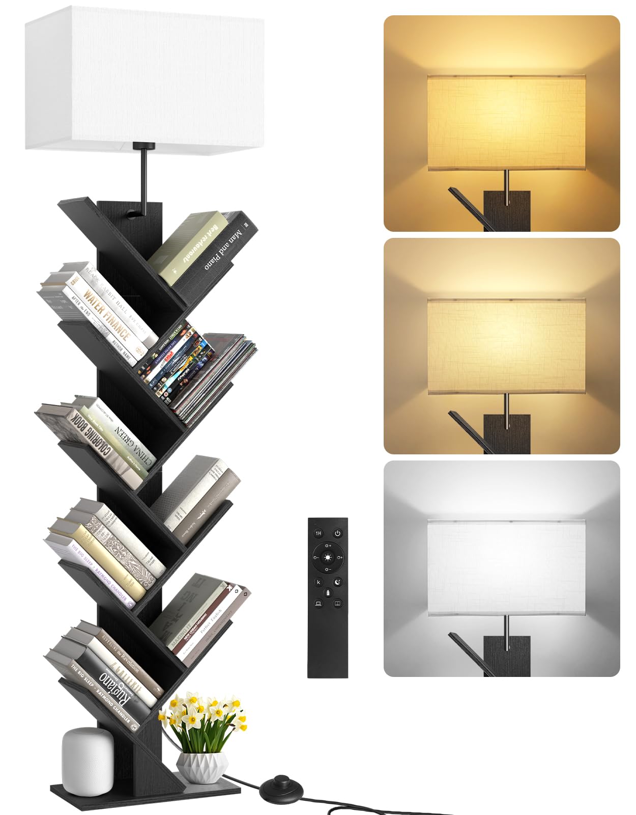 OUTONLIFE 9 Tier Tree Bookshelf with Light & Remote, Dimmable Tall Floor Standing Lamp, Narrow Wood Bookcase, Small Book Organizer Shelves for Living Room, Bedroom, Home Office (Black)