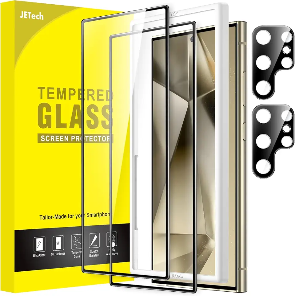 JETech Película de Vidro Temperado para Samsung Galaxy S24 Ultra 5G 6,8 Polegadas com Protetor Lente Câmera, Compatível com Identificação de Impressão Digital, HD Claro, 2 Pacotes Cada