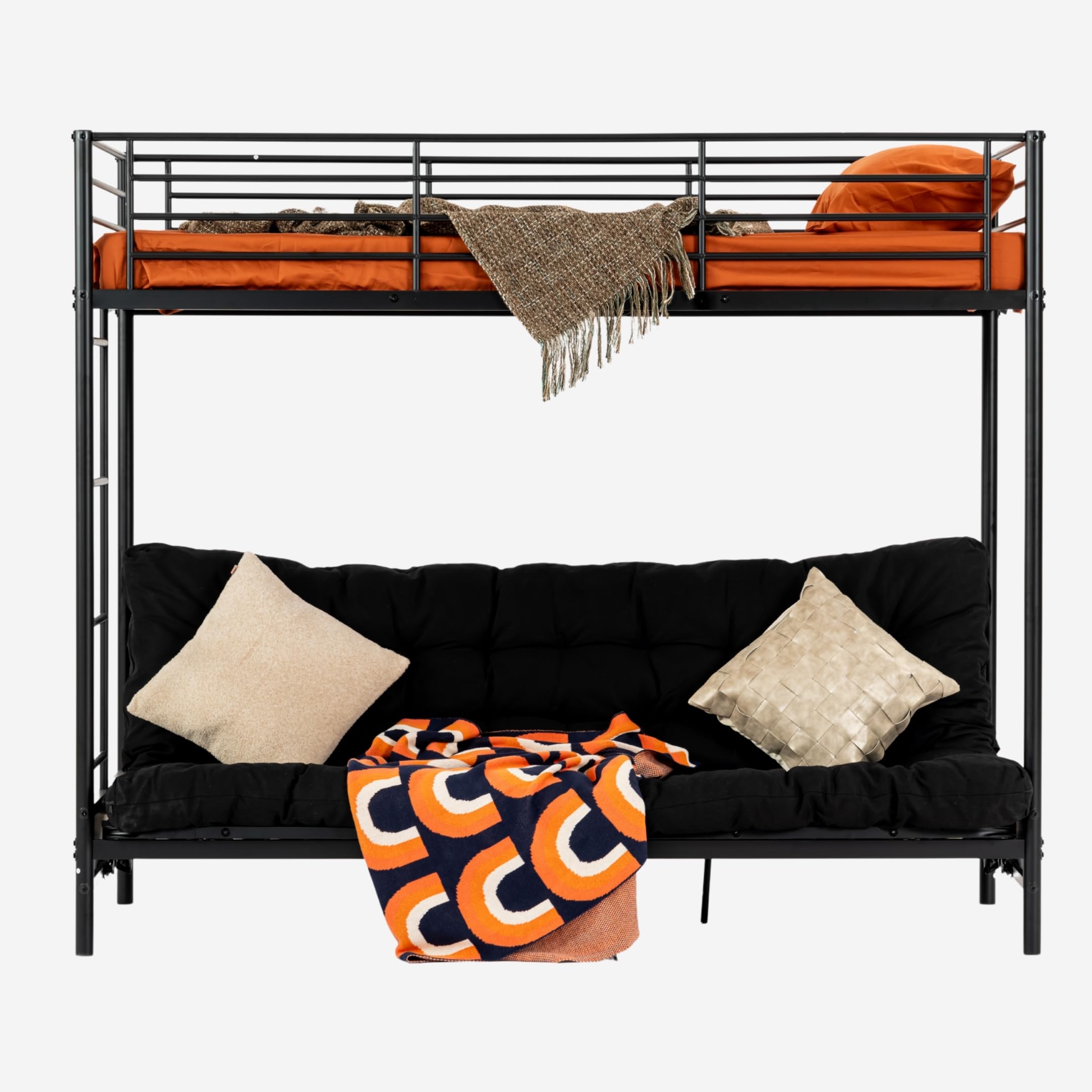 MEUBLE COSY Letto a Castello 90x190 cm con Divano Trasformabile e Futon e Rete a Doghe in Metallo, Stile Industriale, Letti per Camerette, Bambini, Adulti, Casa, Nero