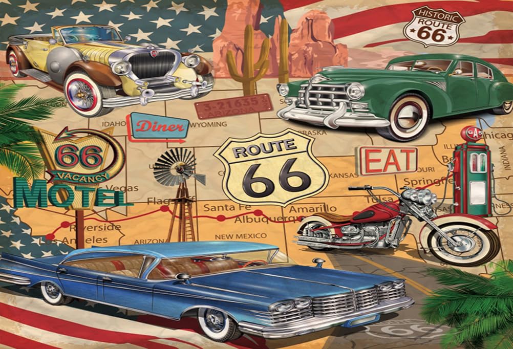AOFOTO 7x5ft Route 66 Vintage Backdrop Route 66 Classic Car Birthday Party Decorations Banner Photography Background Retro Motel Motorcycle Cars