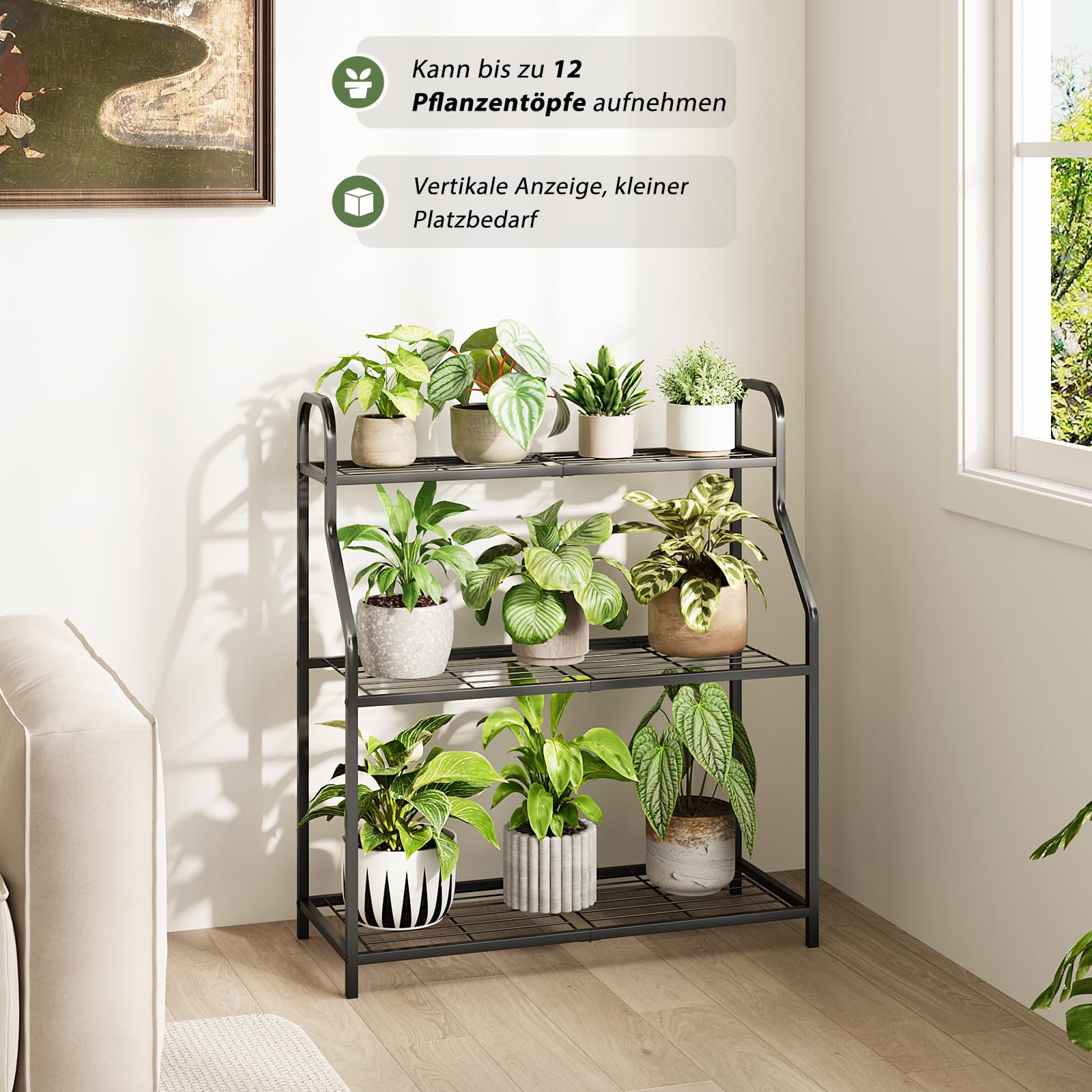 Bamworld Pflanzenständer Schwarz Metall Wetterfestes Pflanzenregal für Innen und Außen, Pflanztisch für Blumen und Kräuter, robuster Blumenständer mit 3 Ebenen