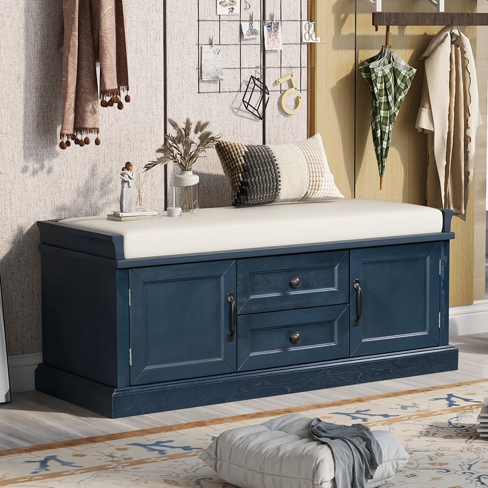 Storage Bench with Drawers and 2 Cabinets, Shoe Bench with Removable Cushion for Entryway Hallway Foyer Living Room Bedroom, Shoe Cabinet (AntiqueNavy)