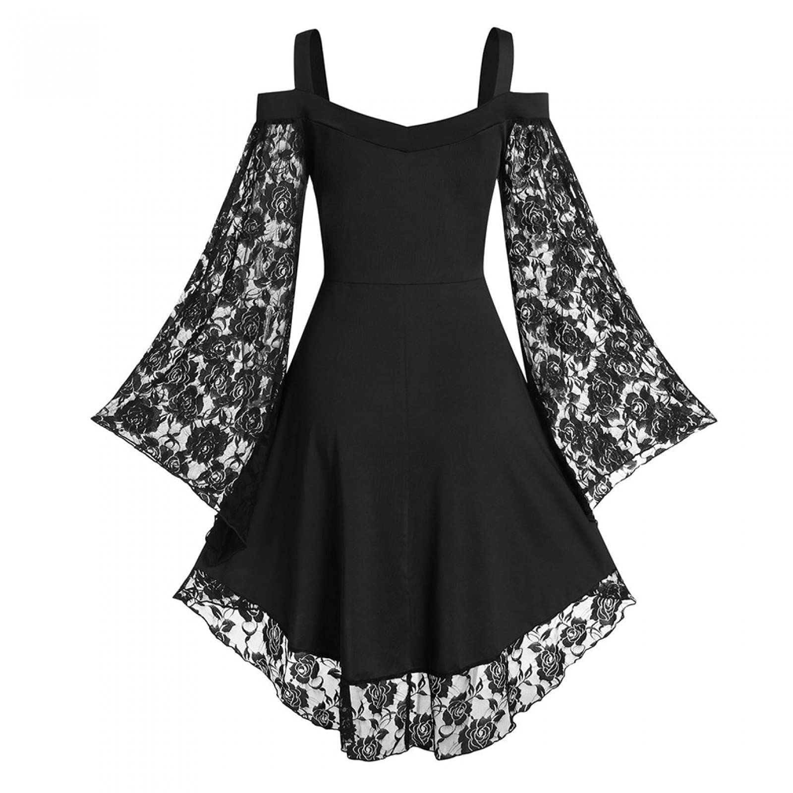 Gothic Vintage Lace Patchwork Women Dress Plus Size Goth Bandage Ladies Spaghetti Strap Dresses: 3X-Large Black