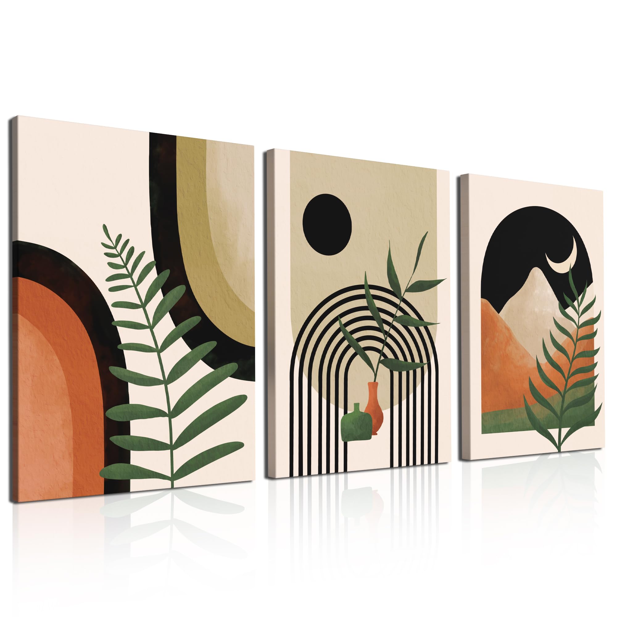 Gisipameis Boho Wall Art Set of 3, Mid Century Modern Art, Room Decor, Neutral Abstract Geometric Prints Black Beige Botanical Framed Canvas Print