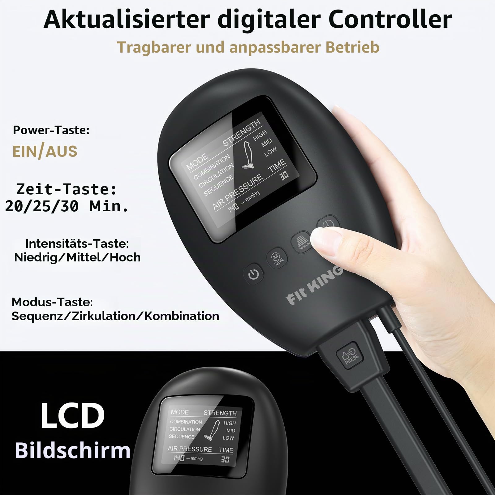 FIT KING Beinmassagegerät, Kompressions Massagegerät für Beine & Füße Lymphdrainage gegen Schwellungen, Krämpfe und zur Förderung der Durchblutung