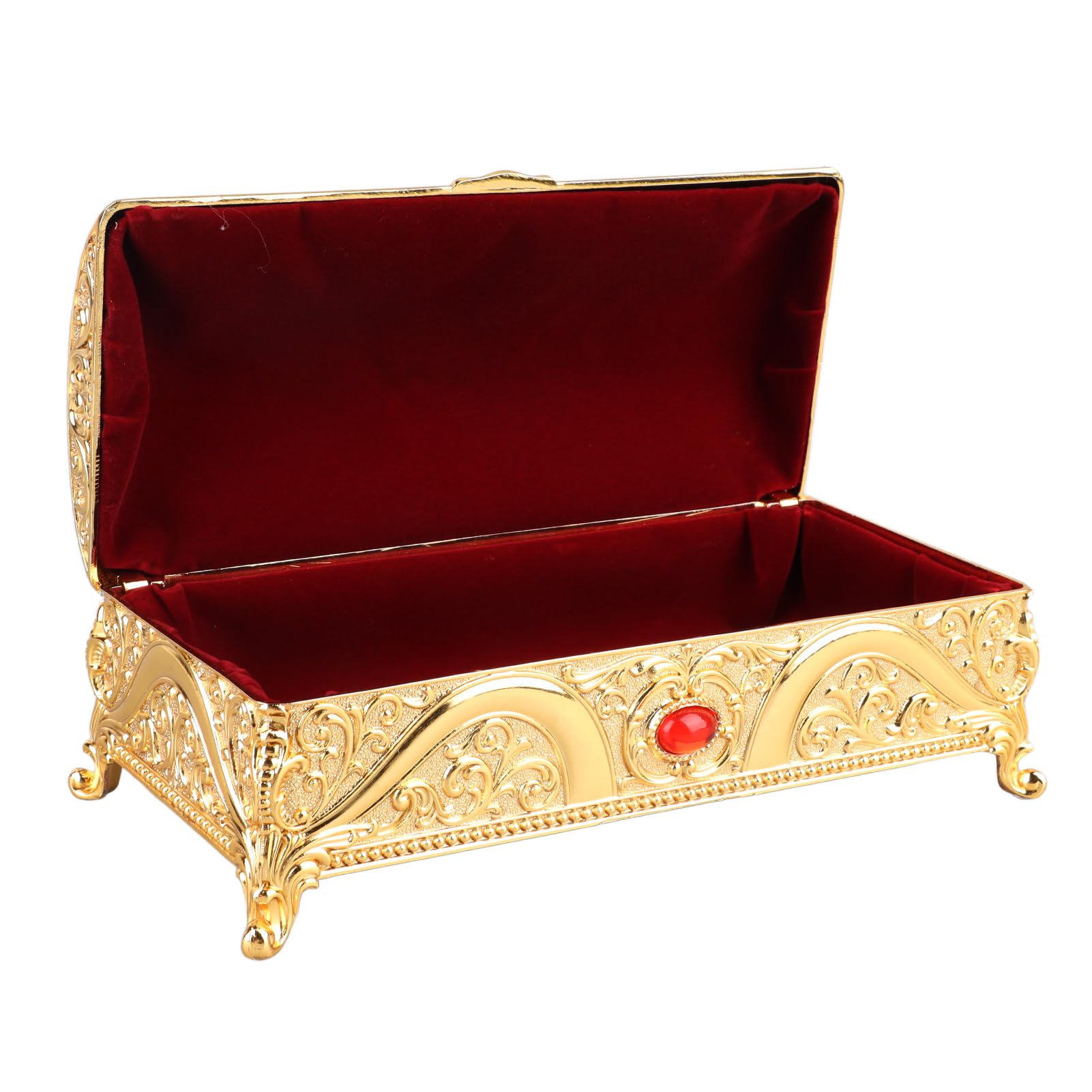 Metalowe pudełko na biżuterię w stylu vintage Eleganckie prostokątne pudełko na ozdoby z delikatnym wzorem Miękka aksamitna wyściółka Pojemnik o dużej pojemności na pierścionki (Złoto)