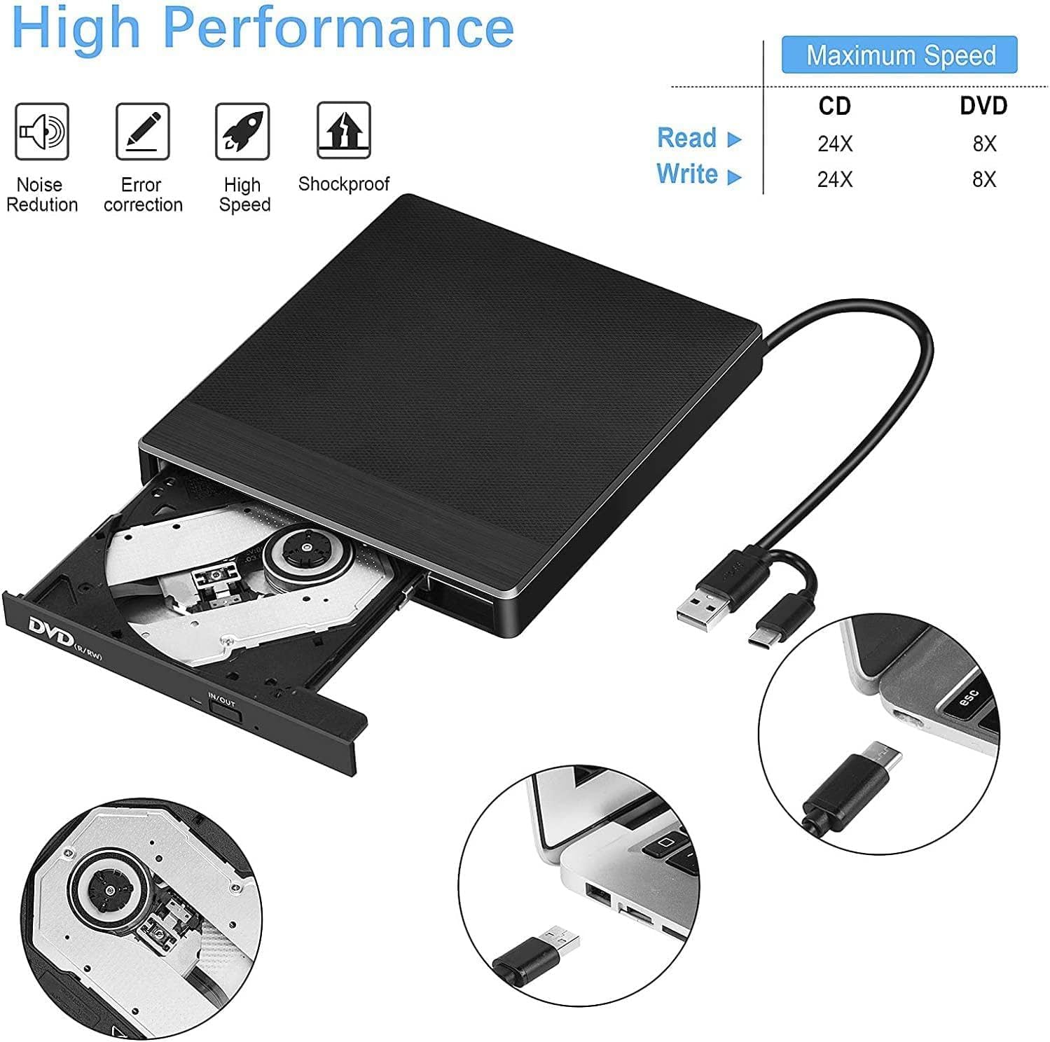 External CD/DVD Drive for Laptop, USB 3.0 & Type-C External CD/DVD +/-RW DVD Burner Reader External Optical CD DVD Drive with SD TF Card Reader 2 USB Port for Laptop DesktopOS Windows Linux