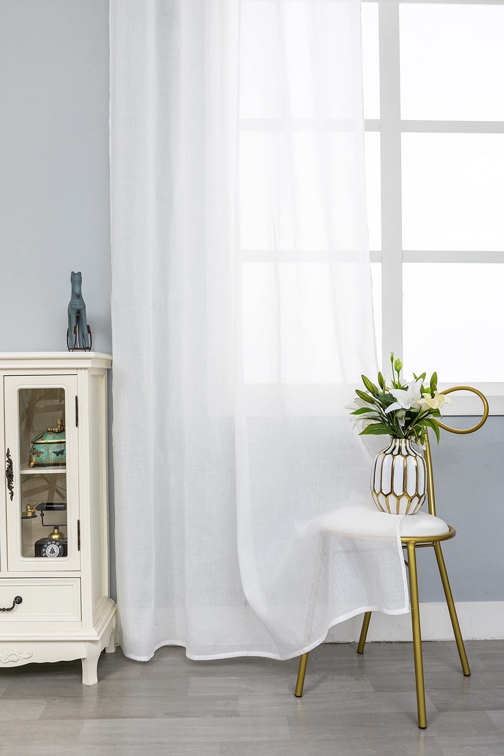 GIRASOLE HOME Paire de rideaux blancs semi-transparents, ourlet supérieur beige avec dentelle, pour fenêtre, porte, salon, chambre et chambre à coucher, 2 panneaux avec œillets 140 x 280 cm