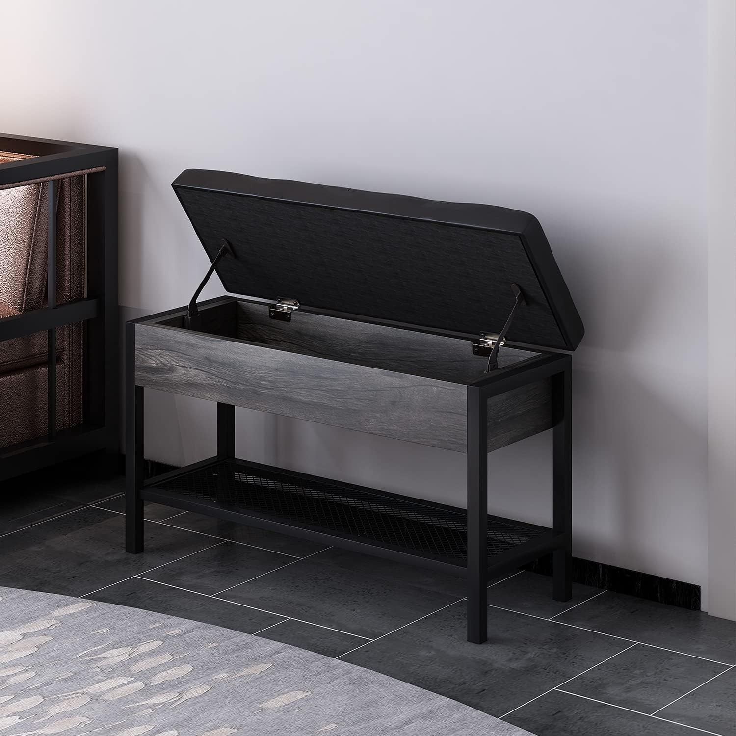 QEEIG Shoe Storage Bench with Cushion Gray Shoes Rack for Entryway End of Bed Window Seat Living Room Bedroom Industrial Rustic Grey Metal Mesh (841-083M)