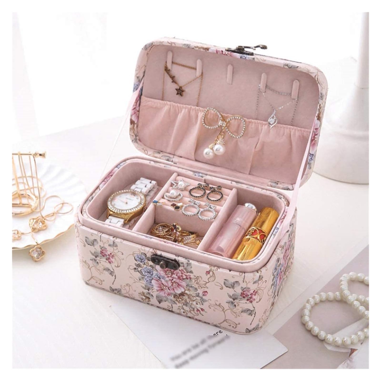 Szkatułka Na Biżuterię Eleganckie, podróżne etui do przechowywania w stylu retro 2-warstwowe damskie etui na biżuterię do noszenia naszyjnika Organizer biżuterii Uchwyt na biżuterię Pudełka I Organize