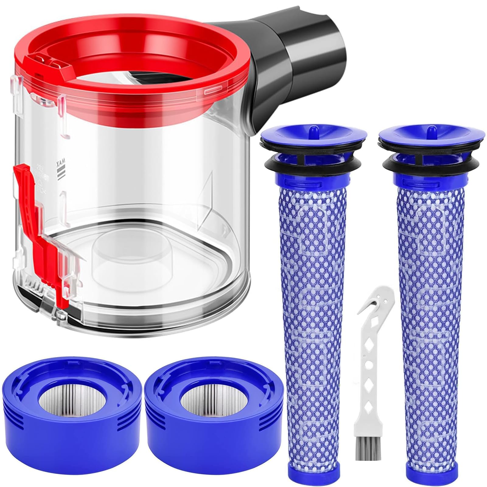 Contenitore Inferiore per Dyson V7 V8 SV10 SV11, Contenitore per la Polvere Trasparente e di Alta Qualità, Include 2 Pre Filtri, 2 Post Filtri e 1 Spazzola di Pulizia