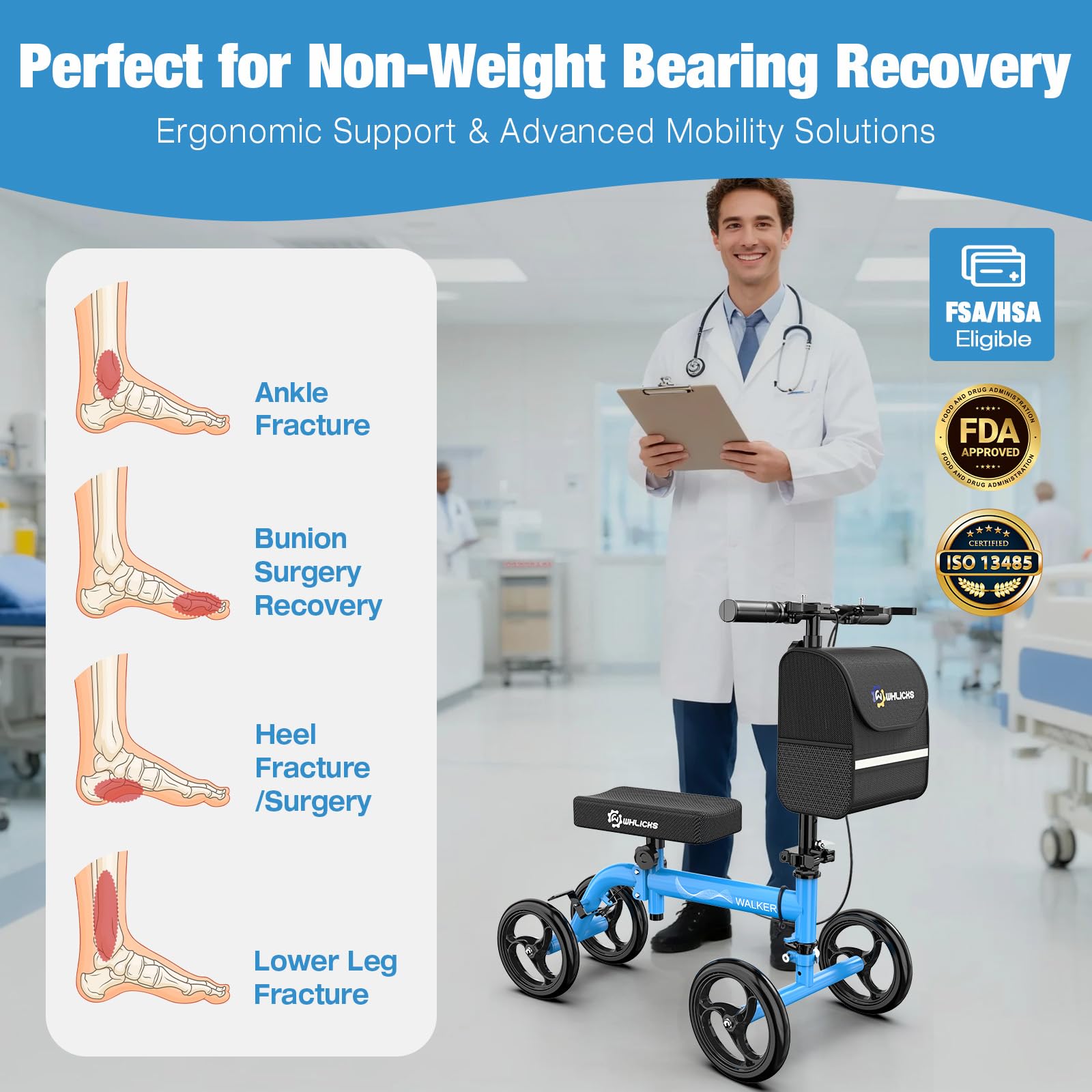 WHLICKS Premium Knee Scooter for Adults for Foot Surgery, Foldable & Steerable Knee Walker with Dual Brakes, Medical Knee Scooter for Broken Foot Injured, Lightweight Leg Scooter for Broken Ankle — Amazon image 2