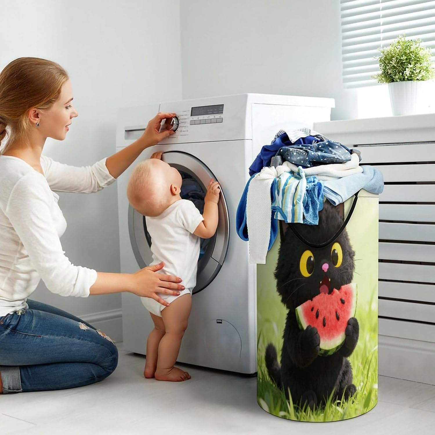 Cute Black Cat Eating Watermelon Laundry Hamper Portable Lightweight Clothes Hampers Fashion Dirty Laundry Storage Basket Large Capacity Foldable Clothes Baskets for Bathroom Bedroom