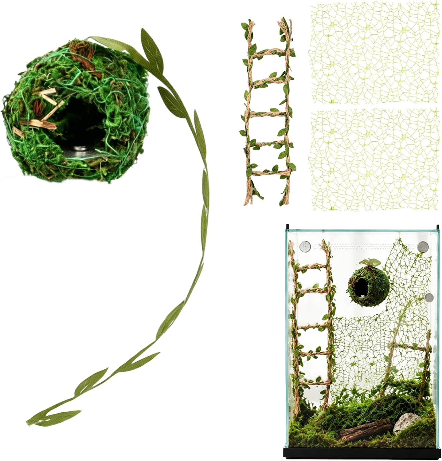 Jumping Spider Hideout, Magnetic Jumping Spider Enclosure Accessories with Handmade Moss Hideout, Climbing Web & Rope Ladder, Small Reptile Habitat Decor Kit for Climbing & Hiding
