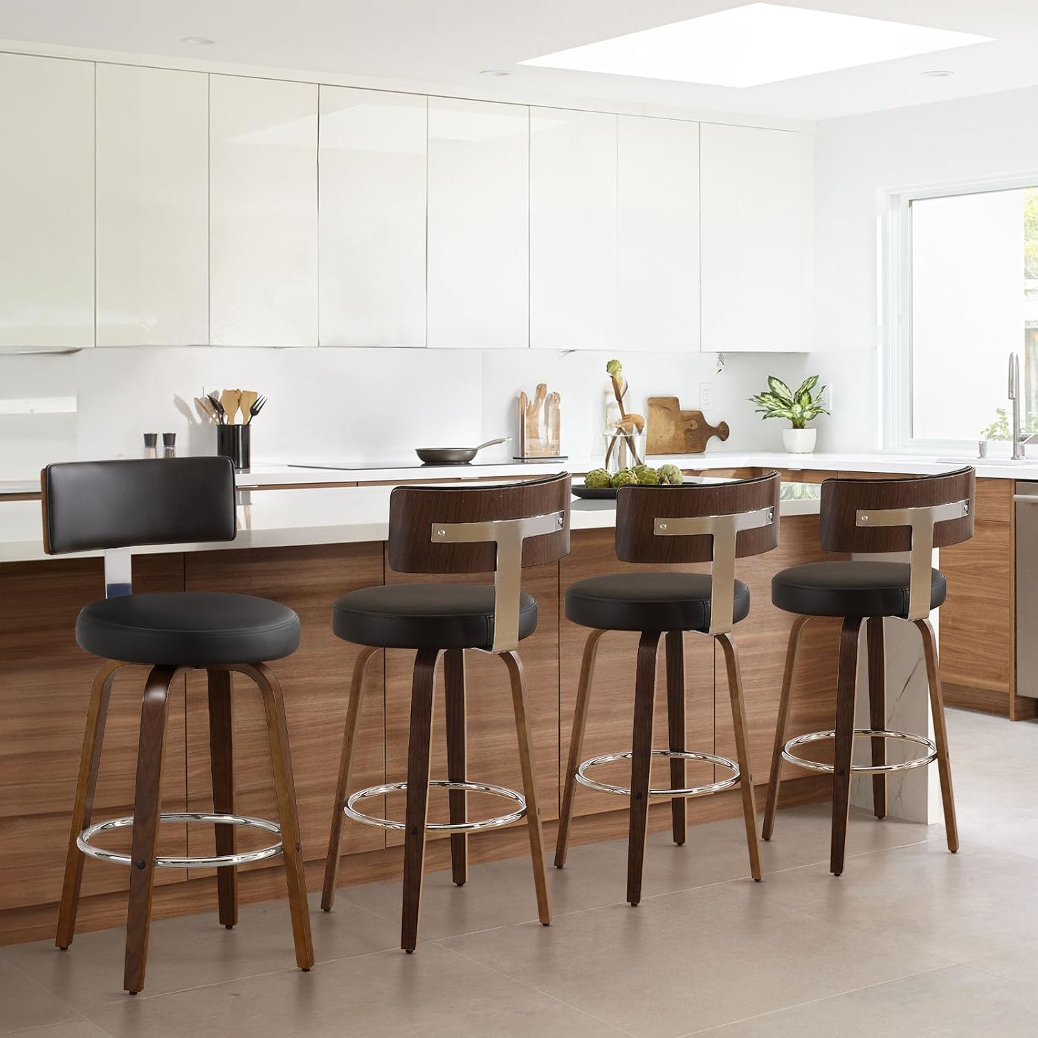 Bar Stools Set of 4, PU Leather 360° Swivel Barstools with Back and Round Seat, Modern 29" Bar Height Upholstered Bar Chairs Island Stools for Kitchen Counter, Walnut Bentwood Legs, Black