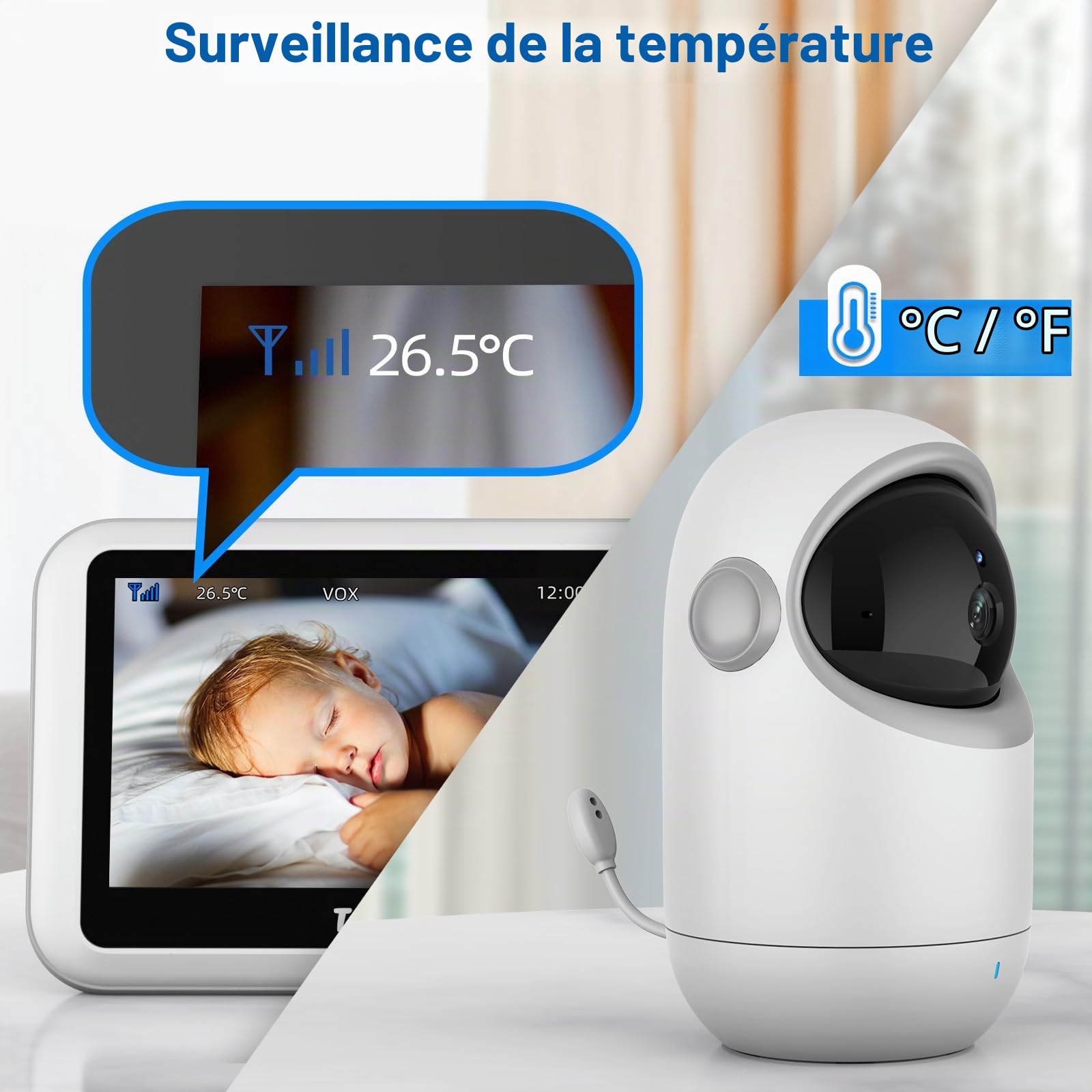 TakTark Babyphone Camera, 4.3'' Video Babyphones Caméra avec 300° Pan-Tilt-Zoom à Distance, Camera Bebe Surveillance de la Température, VOX, Vision Nocturne, Communication Bidirectionnelle