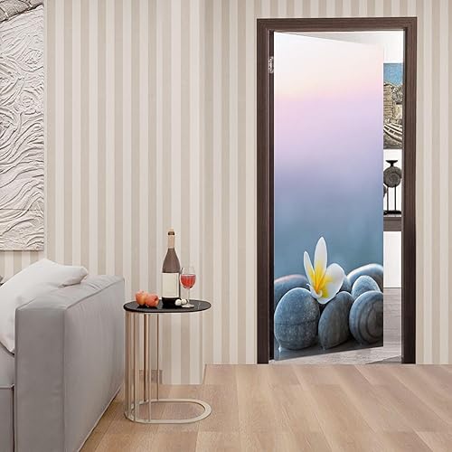 Miniatura 2 de Adhesivo autoadhesivo para puerta, piedras de flores de plumeria para fondo de spa, murales de PVC para puerta, impermeables, extraíbles para
