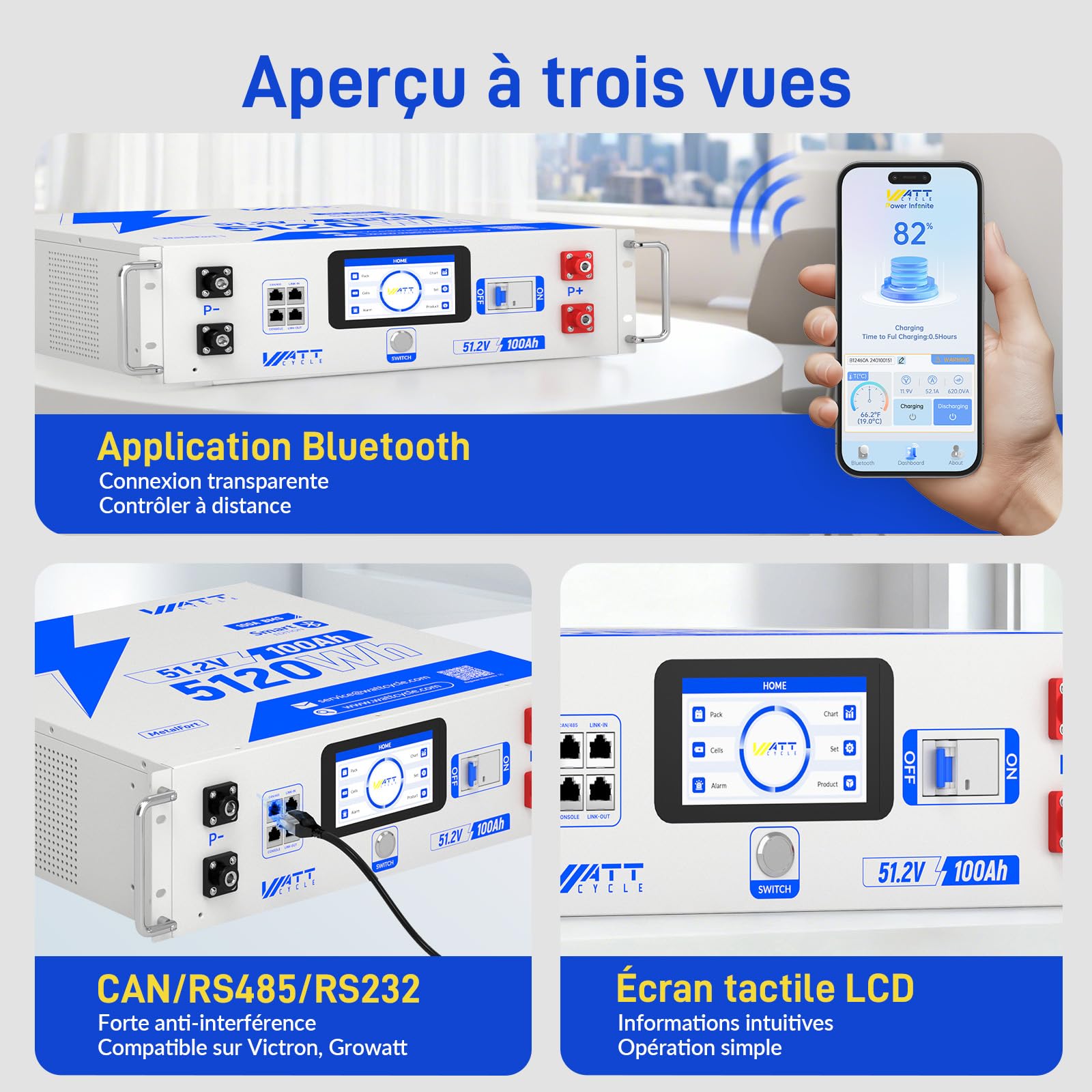 WattCycle Kit 2 Batterie LiFePO4 Rack 48V 100Ah V2, 10,24kWh Totali con Celle BYD, BMS 100A, Bilanciamento Attivo 3A, Bluetooth, LCD, CAN/RS485, per Fotovoltaico, UPS e Off-Grid