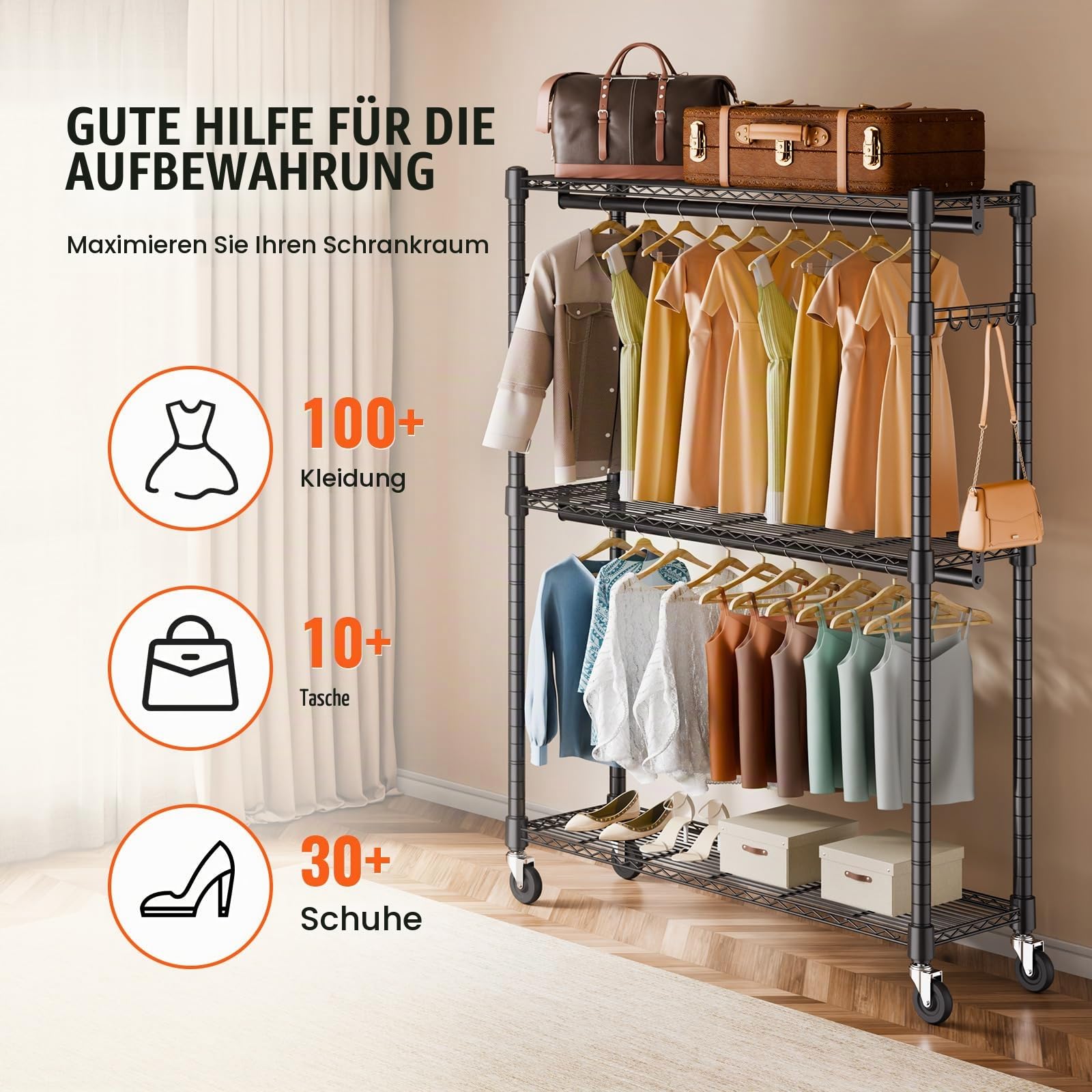 VEVOR 3-lagiger Rollbarer Kleiderständer Garderobenständer Kleiderstangen, 204 cm Höhe Stahl Kleiderständer 182 kg Belastbar, Strapazierfähig Ständer für Schlafzimmer, Wäscheraum, Ankleidezimmer usw.