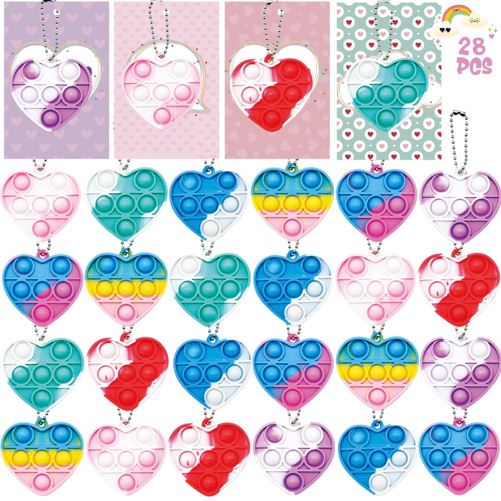 28 Pack Valentines Day Greeting Cards with Pop Heart Fidget Toys, Mini Pop Keychain Stress Sensory Relief Bubble Poppers for Kids School Classroom Exchange Gifts Bag Fillers