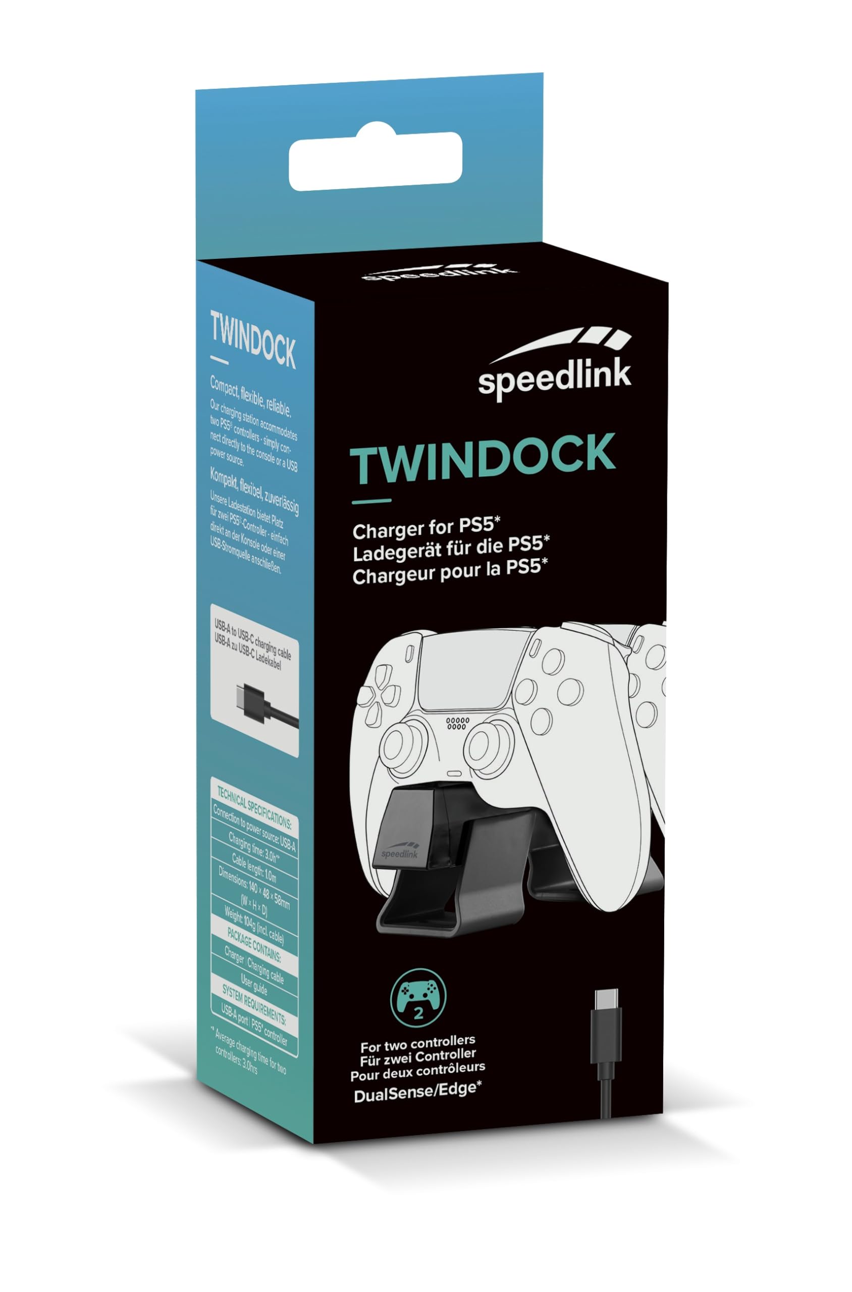 Speedlink TWINDOCK USB Charger - Station de Charge pour Manette PS5, jusqu'à Deux manettes PS5 Originales en même Temps, Fonction de Charge Rapide, Compatible avec DualSense et DualSense Edge, Noir