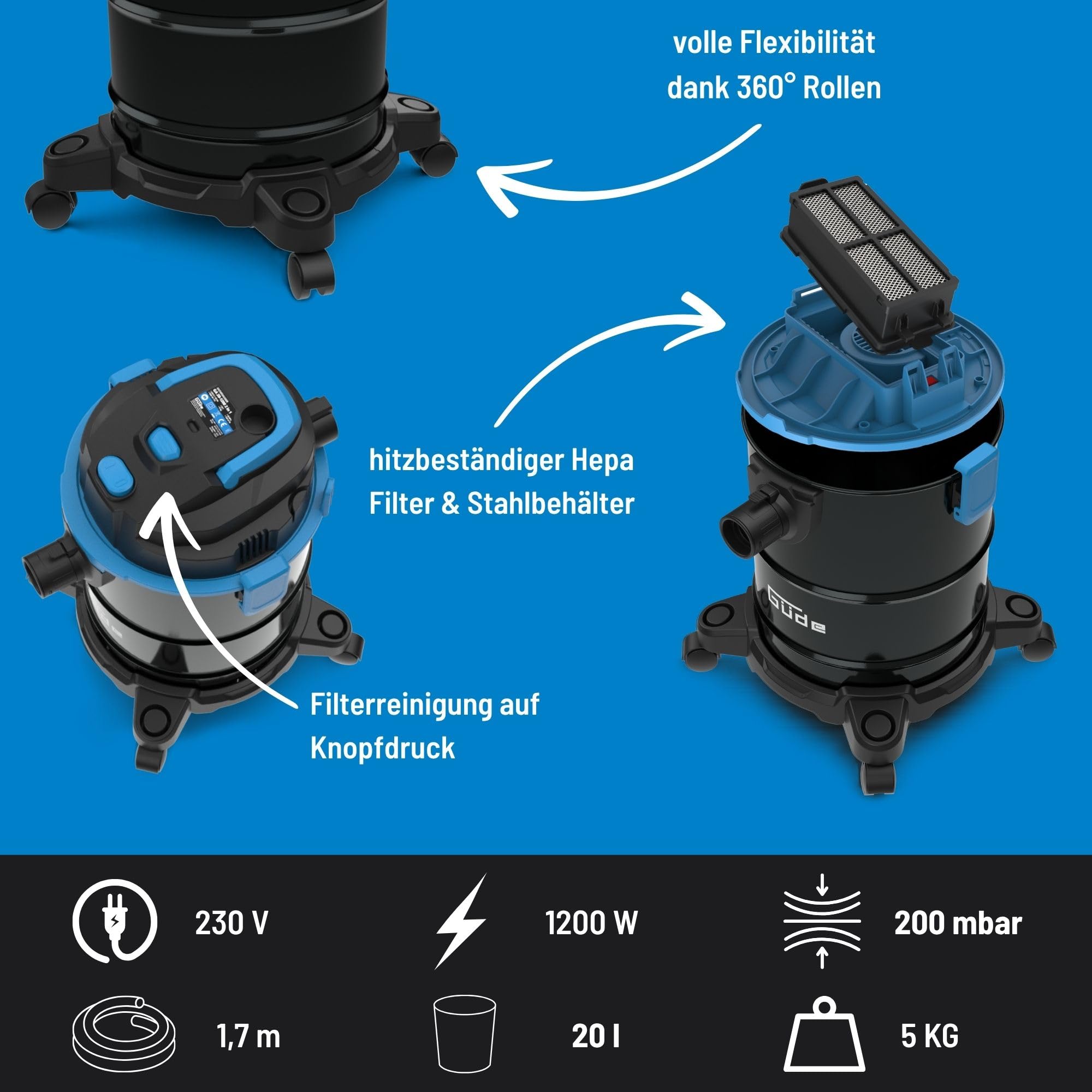 Güde Aschesauger GA 20-1200 2 in 1-1200 Watt, 20 Liter Stahlbehälter