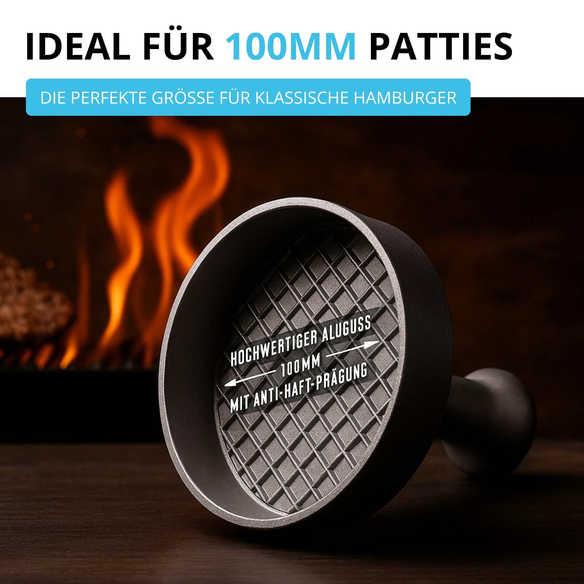 Profi Burgerpresse Hamburgerpresse Ø 100 mm Aluminium - Pattyauswerfer Anti-Haft-Prägung | Aluguss-Presse für perfekte Burger Hamburger | Pattie Maker Patty Former - hochwertige Hackfleischpresse