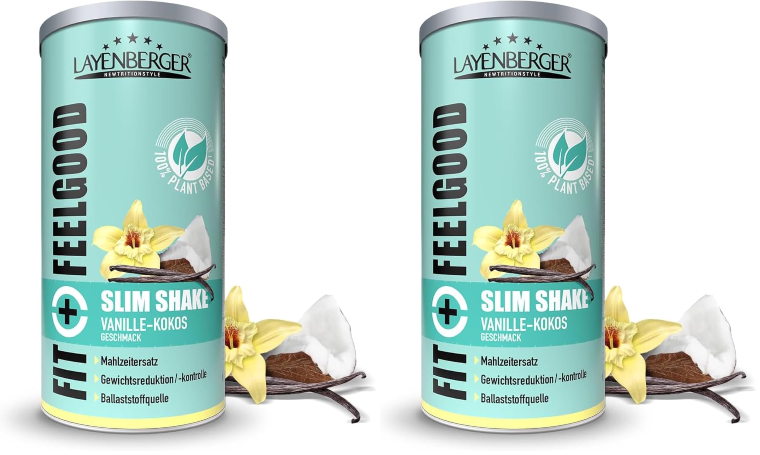 Layenberger Fit+Feelgood Slim Shake Powder vegan - Mahlzeitersatz für 12 Portionen, je 204 kcal, (1x 396 g) - Vanille-Kokos (Packung mit 2)