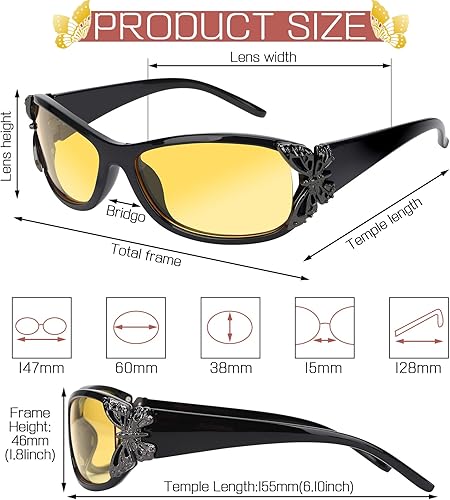 Miniatura 5 de 2 gafas de conducción de visión nocturna para mujer, polarizadas, antideslumbrantes, lentes amarillas, visión nocturna, con decoración de mariposas,