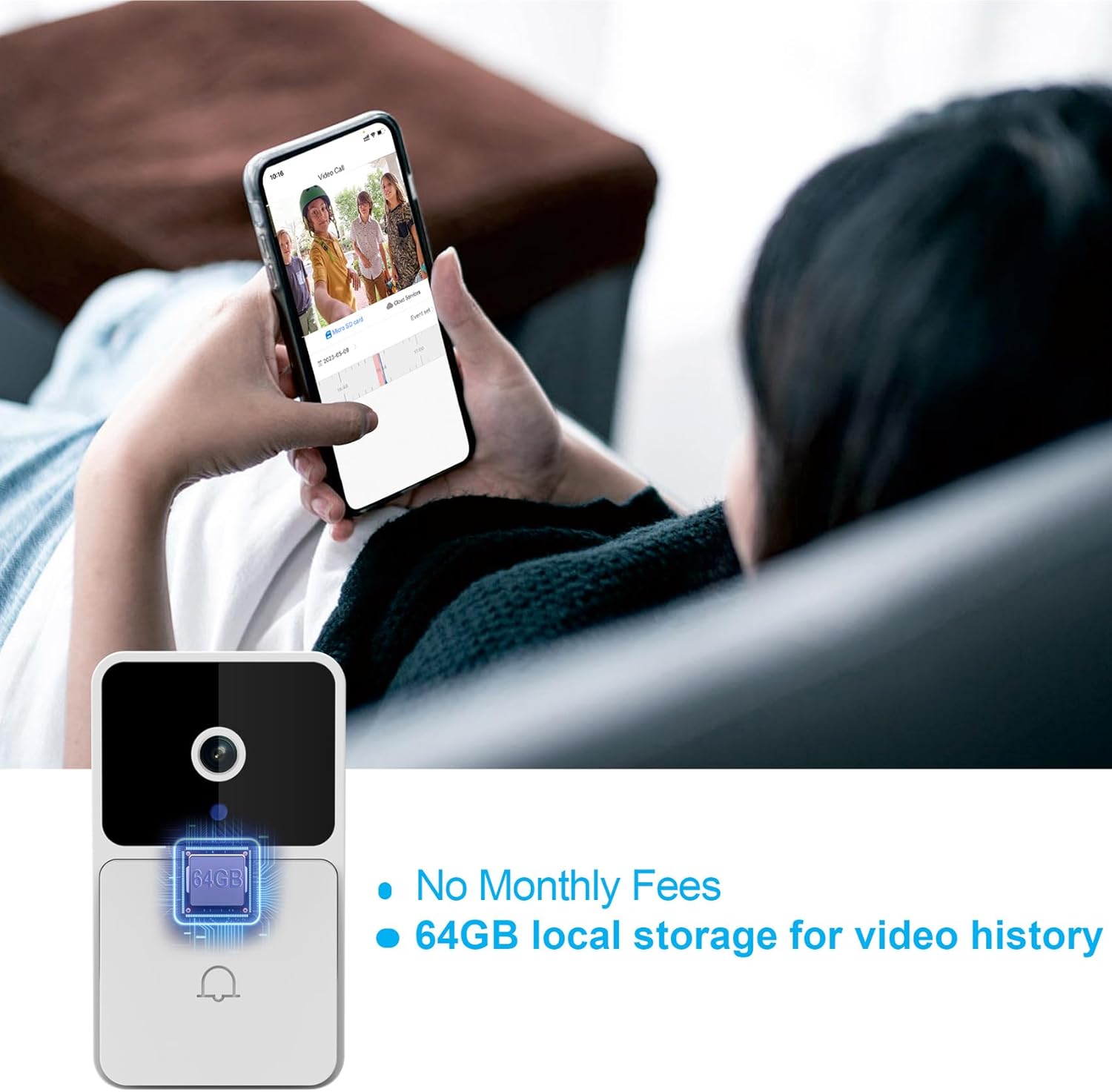 Rettru M8 Doorbell Camera with an icon indicating 64GB local storage.