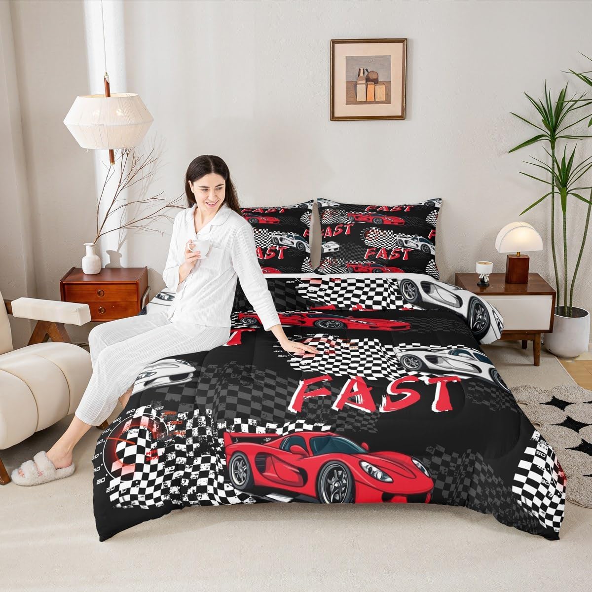 Feelyou Red Race Car Comforter Set Twin Size Kids Speed Sports Car Duvet Quilt for Boys Girls Teens Extreme Sports Racing Grid Fast and Furious Fall Bedding Set Soft Lightweight Room Decor 2Pcs