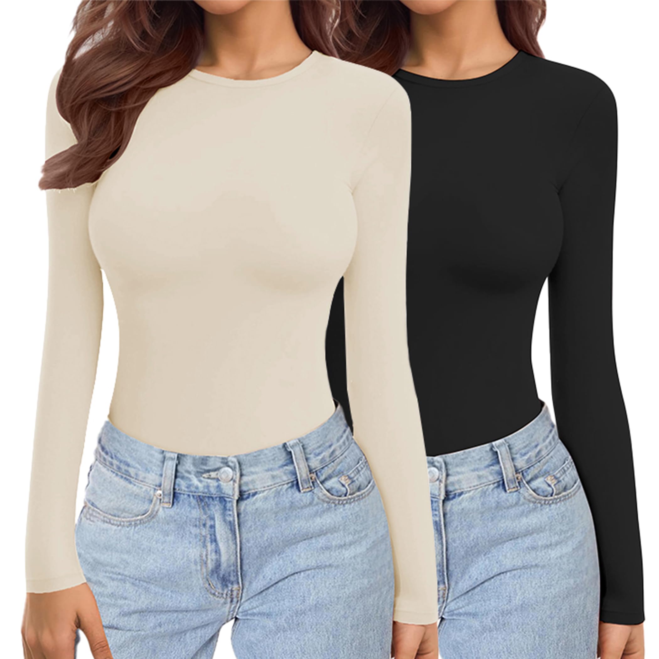 Ekouaer Damen 2 Pack Langarmshirt Rundhlas Unterhemd Layer Tee Warm Thermo Oberteil Slim Fit Basic Tops XS-XXL