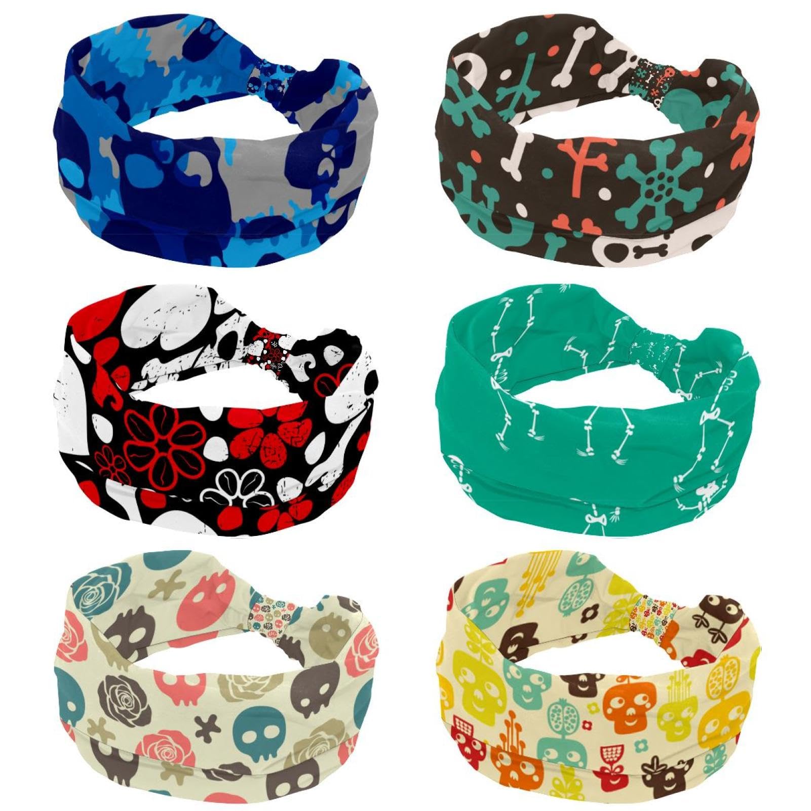 Lot de 6 bandeaux élastiques antidérapants pour femme, motif tête de mort pour yoga, sport, entraînement