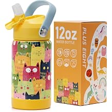 Kids Insulated Water Bottle with Straw Lid, 12 oz BPA-Free Double Wall Vacuum Tumbler 18/8 Stainless Steel Leak Proof Kids Cups with Straw for School Travel Boys Girls Cute Cat