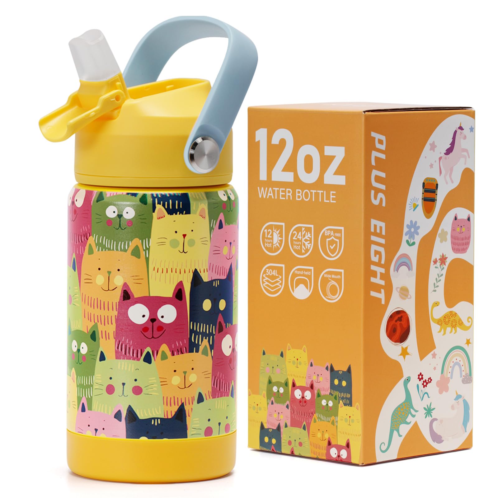 pluseight Kids Insulated Water Bottle with Straw Lid, 12 oz BPA-Free Double Wall Vacuum Tumbler 18/8 Stainless Steel Leak Proof Kids Cups with Straw for School Travel Boys Girls (Cute Cat) — image 1