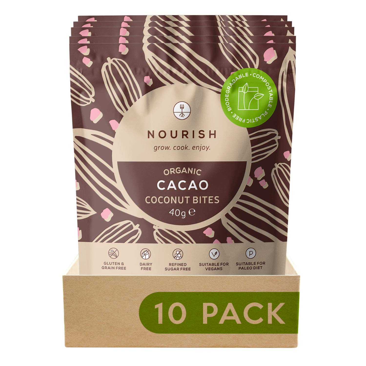 Nourish Organic Cacao Coconut Bites, Vegan, Gluten Free, Dairy Free, Keto Snacks, Pack of 10 x 40g
