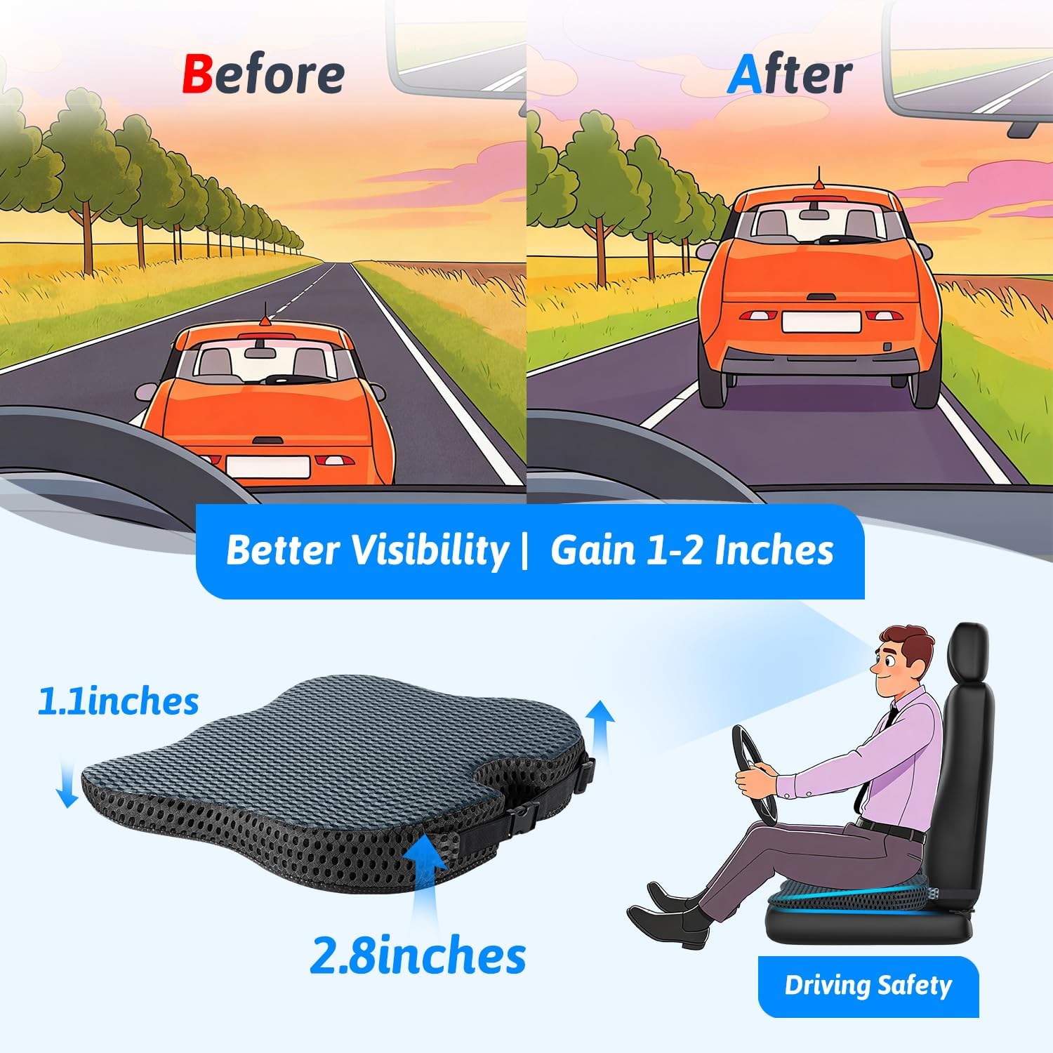 Wedge Car Seat Cushion for Better Visibility & Sciatica Pain Relief - High Density Memory Foam, Non-Slip Ergonomic Car Seat Cushion for Driving, Universal Fit for Car, SUV,Truck & Tractor