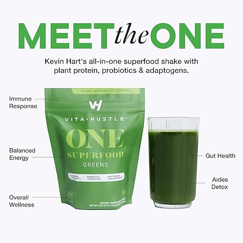 Miniatura 9 de VitaHustle ONE Superfood Super Greens Powder por Kevin Hart, Berry Favor, Prebióticos + Probióticos, Espirulina, Clorella, Enzimas Digestivas, Salud