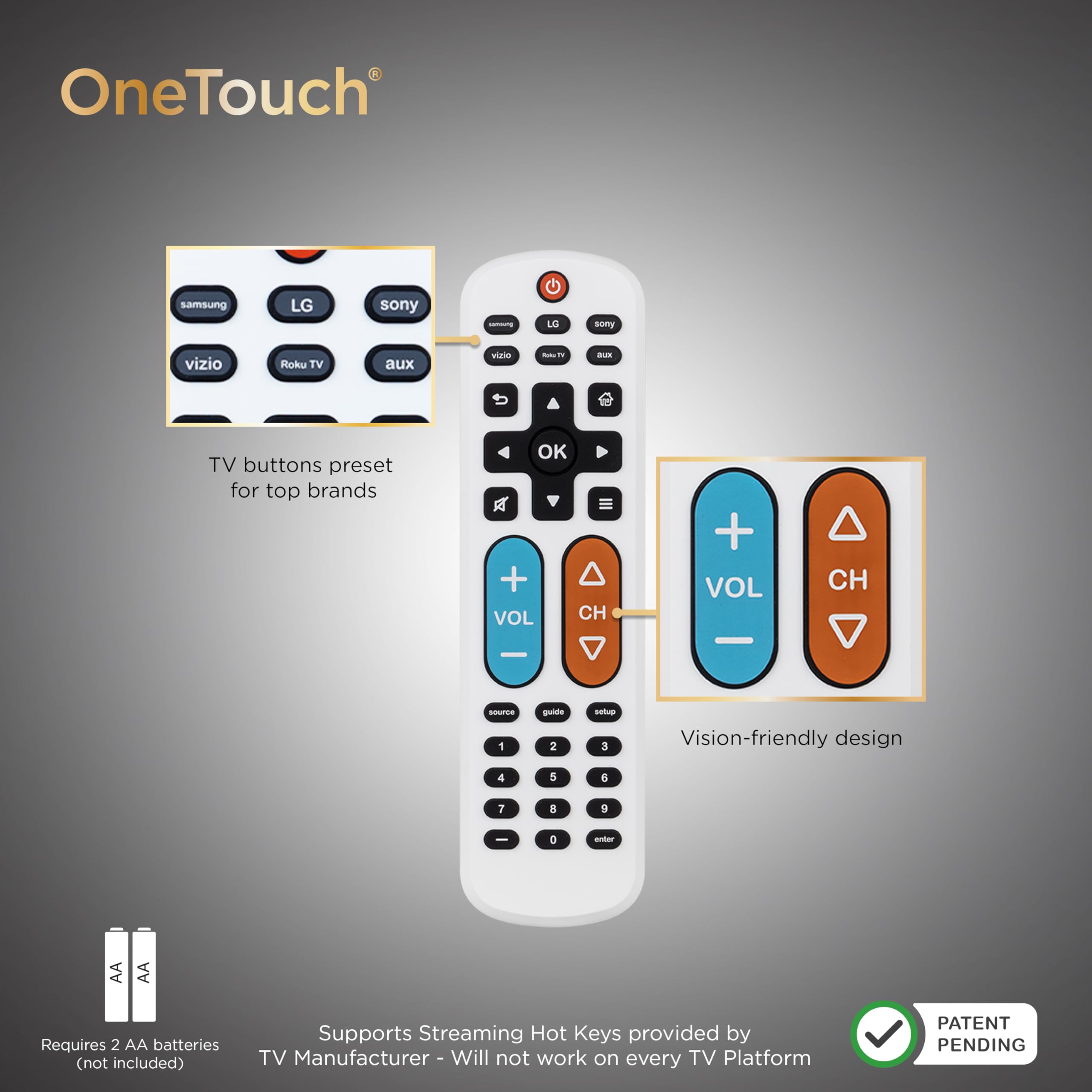 UltraPro BigEZ OneTouch – Télécommande Universelle à Gros Boutons pour Personnes âgées, Facile à Utiliser, télécommande de Rechange pour Samsung, LG, Sony, Vizio, Roku TV, lecteurs de Streaming