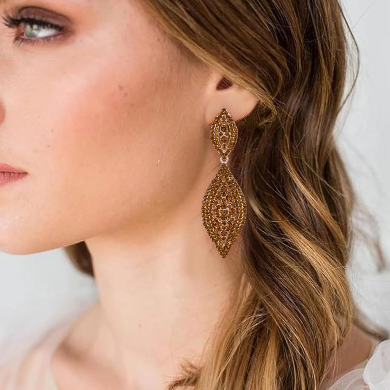 Women Large Statement Chandelier Earrings Rhinestone Clear Crystal Party 2 Leaf Dangle Earrings - Image 2