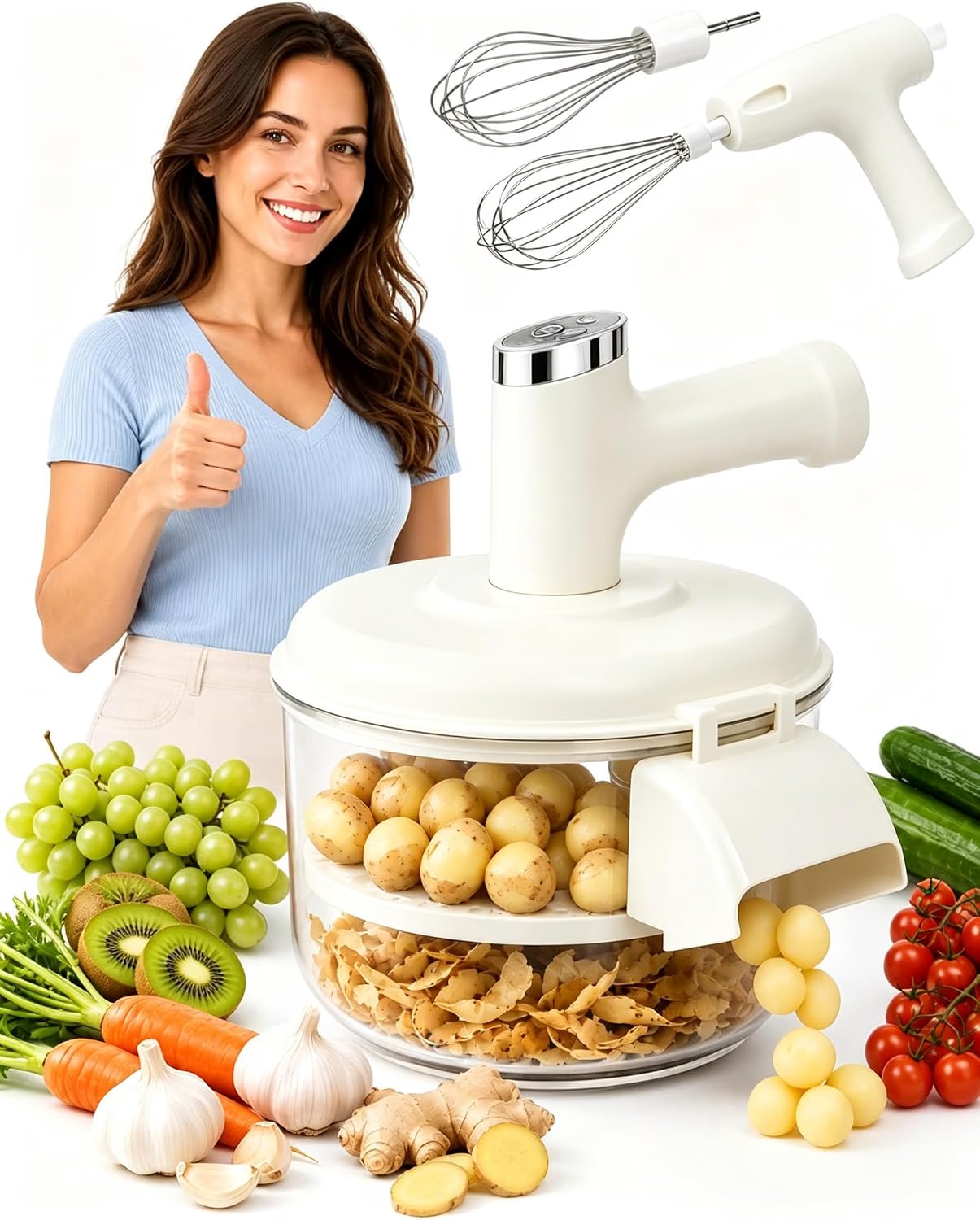 Transparent Electric Fruit and Vegetable Peeler, One-Touch Peeling (White)