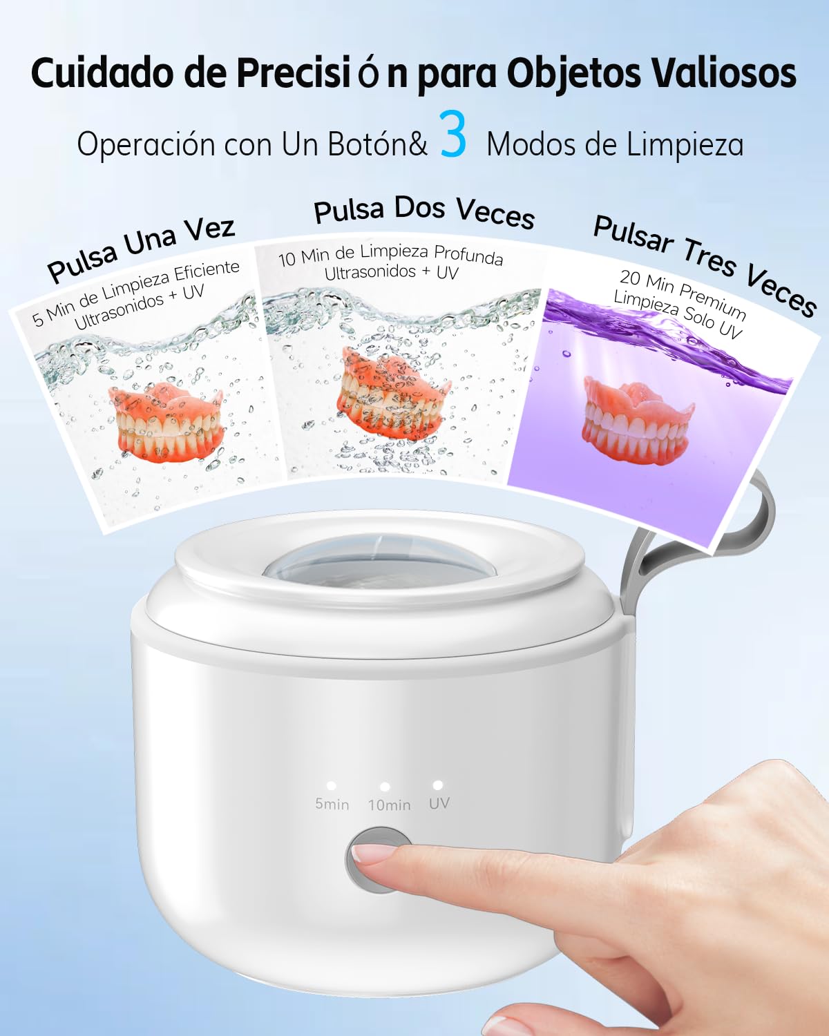 Jeatone Limpiador ultrasónico inalámbrico de 48 kHz, 125 ml, limpiador ultrasónico de prótesis con luz U-V para aparatos ortopédicos, cabezales de cepillo de dientes, joyas, 3 modelos, diseño portátil