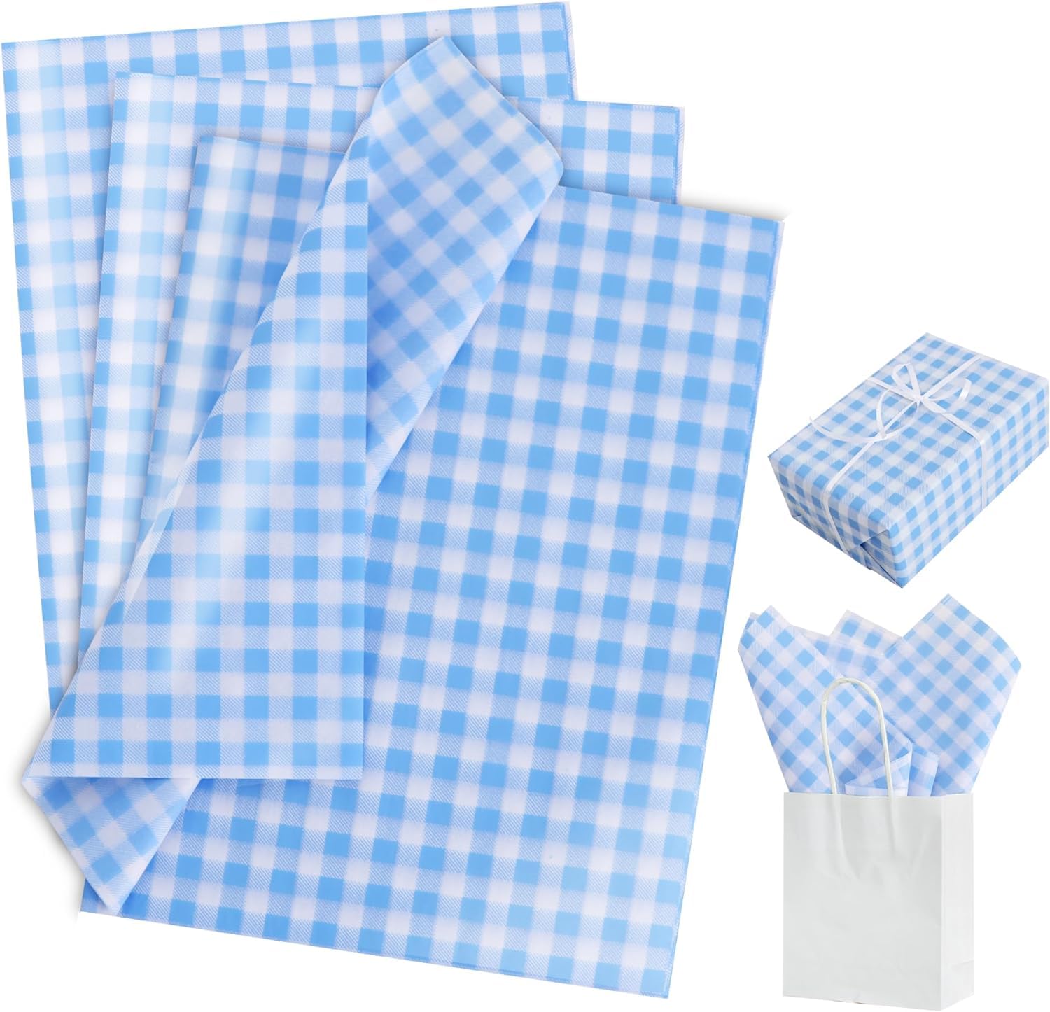 RIBBOOO 14 x 20 Inch 50 Sheets Blue & White Gingham Tissue Paper Plaid Checkered Gift Wrapping Paper for Birthday,Wedding,Thanksgiving, Graduation,Christmas Party Craft Decoration