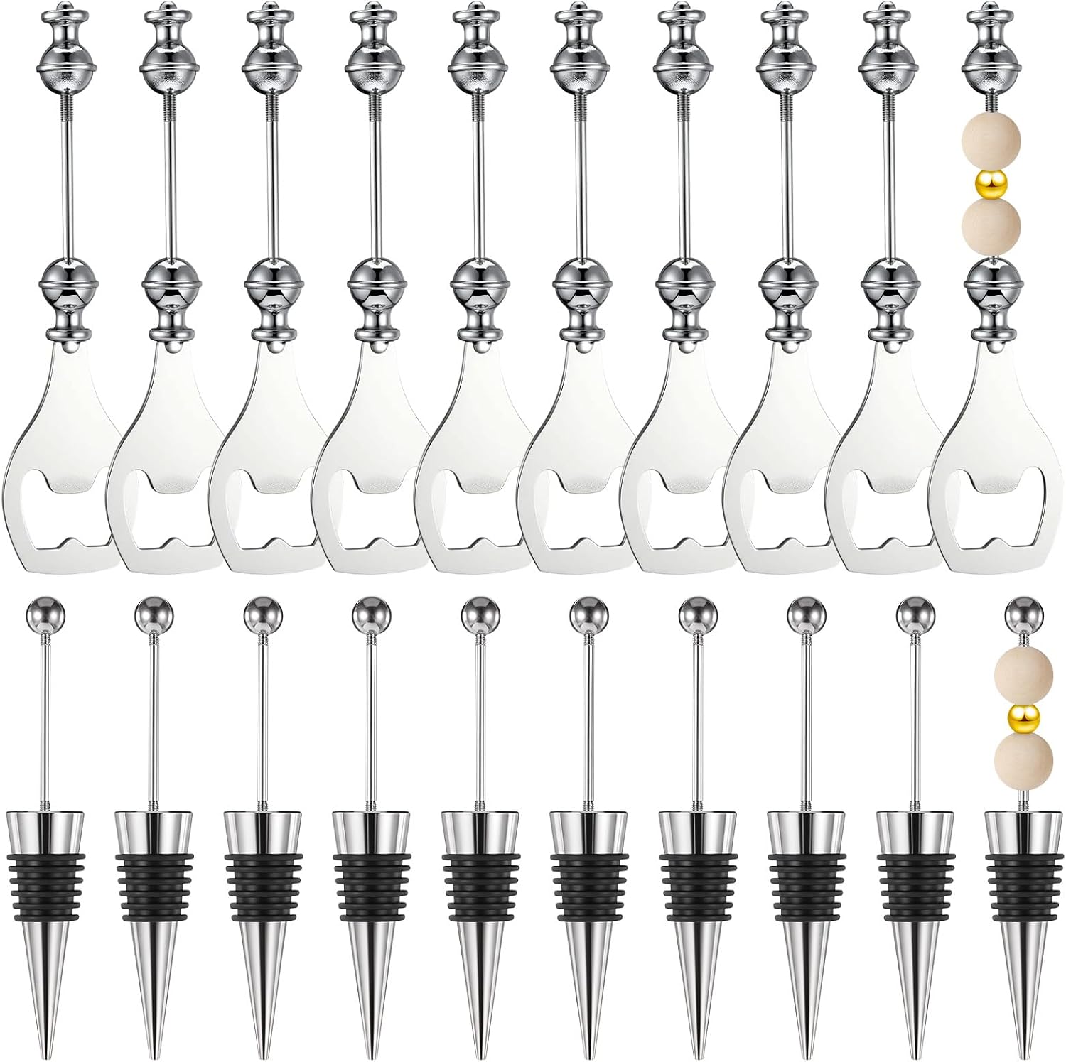 20 Pcs Beadable Wine Stoppers Bulk Beadable Beer Opener Set 10 Decorative Beaded Wine Bottle Stopper 10 Alloy Reusable Bottle Opener for DIY Crafts Fall Halloween Bar Party Favor Gifts