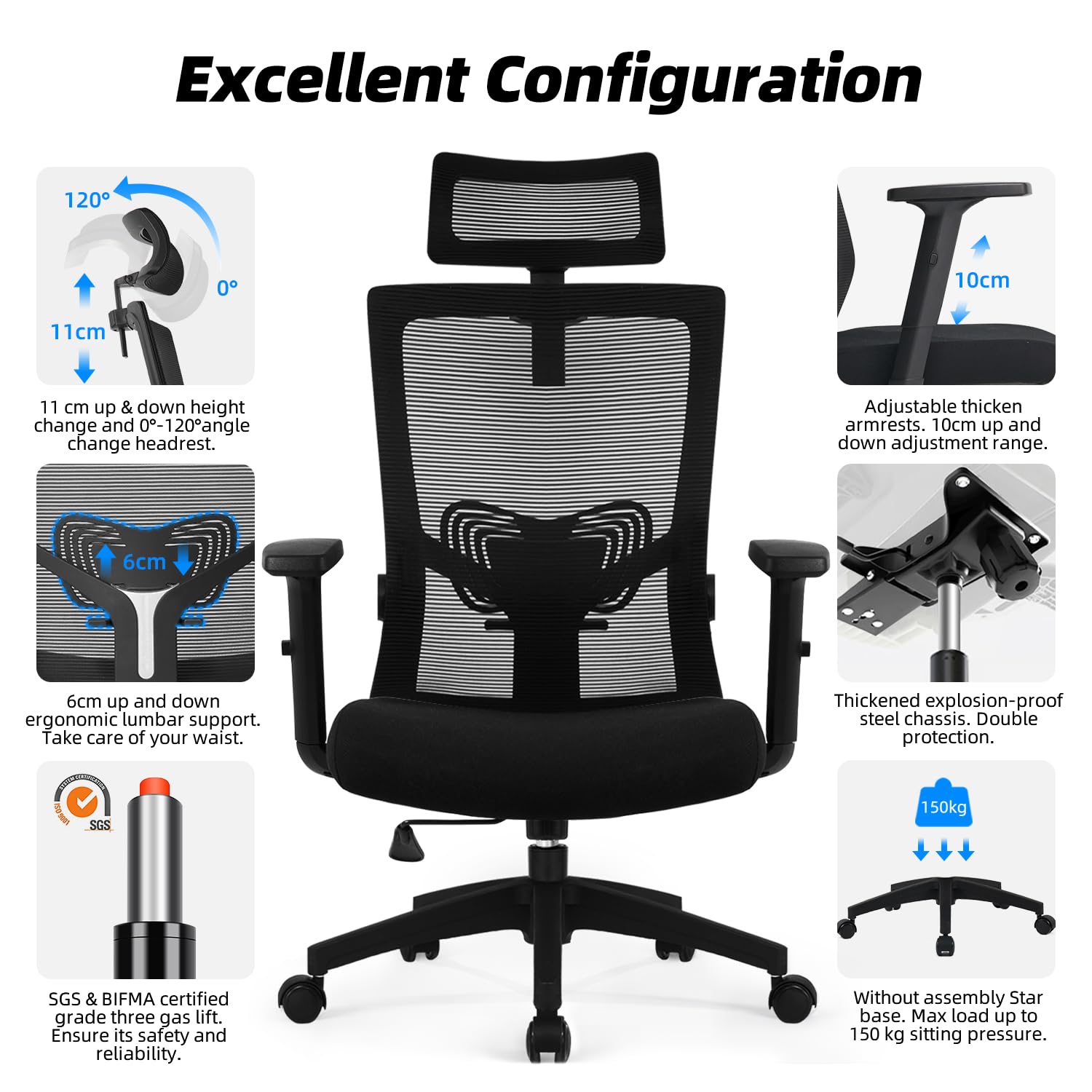 Daccormax Chaise Bureau Ergonomique, Fauteuil de Bureau Confortable à roulettes, Siège Inclinable Pivotant, Accoudoirs Réglables, Appui-Tête Ajustable 11cm, Support Lombaire Réglable, Noir