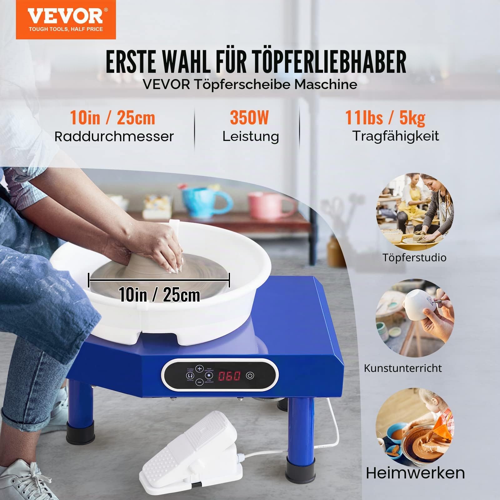 VEVOR Töpferscheibe Keramik Rad Maschine 350 W, Elektrische Töpferscheibe Maschine 25 cm 300 U/min Töpferscheibenmaschine, mit Pedal & Schürze Formmaschine, Geeignet für Anfänger, Enthusiasten