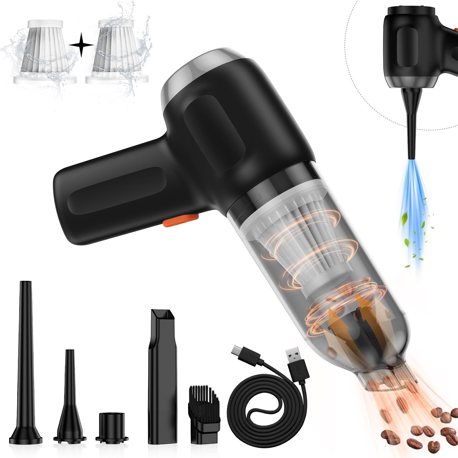 Cordless Handheld Mini Vacuum Cleaner 8000Pa Strong Suction with 2 Pcs Filter - 3-in-1 Dust Buster, Air Blower, Hand Pump for Car & Home Use