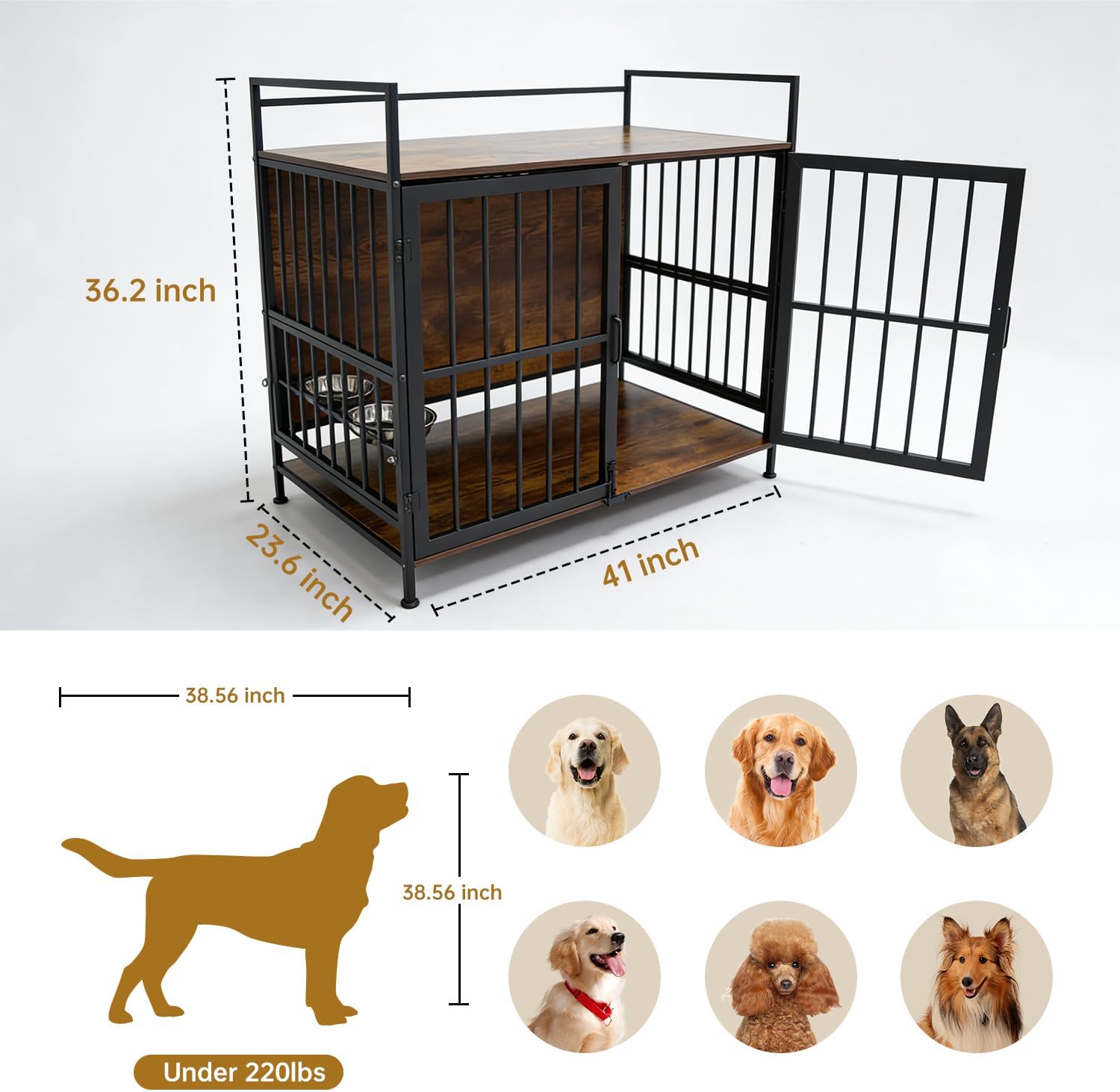 Heavy Duty Dog Crate Furniture with Feeders, Wooden End Table Kennel for Large & Medium Dogs, Chew Proof Indoor Pet Cage with Double Doors