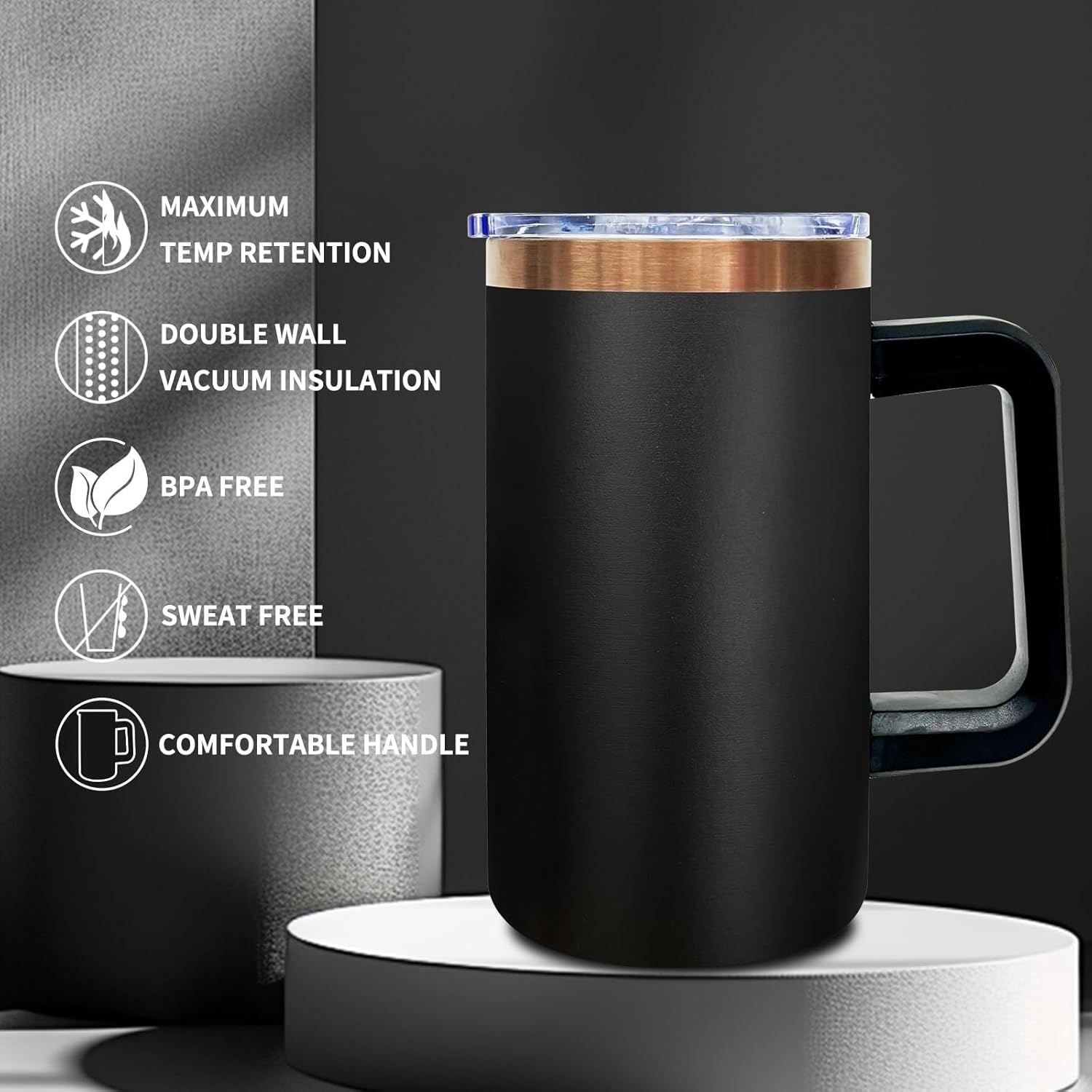 20 oz Insulated Coffee Mug with Lid, Stainless Steel Coffee Tumbler Bulk, Double Wall Vacuum Travel Mug with Handle, Leakproof Powder Coated Coffee Cups for Hot and Cold Drinks (Black,1 pack) - Image 3